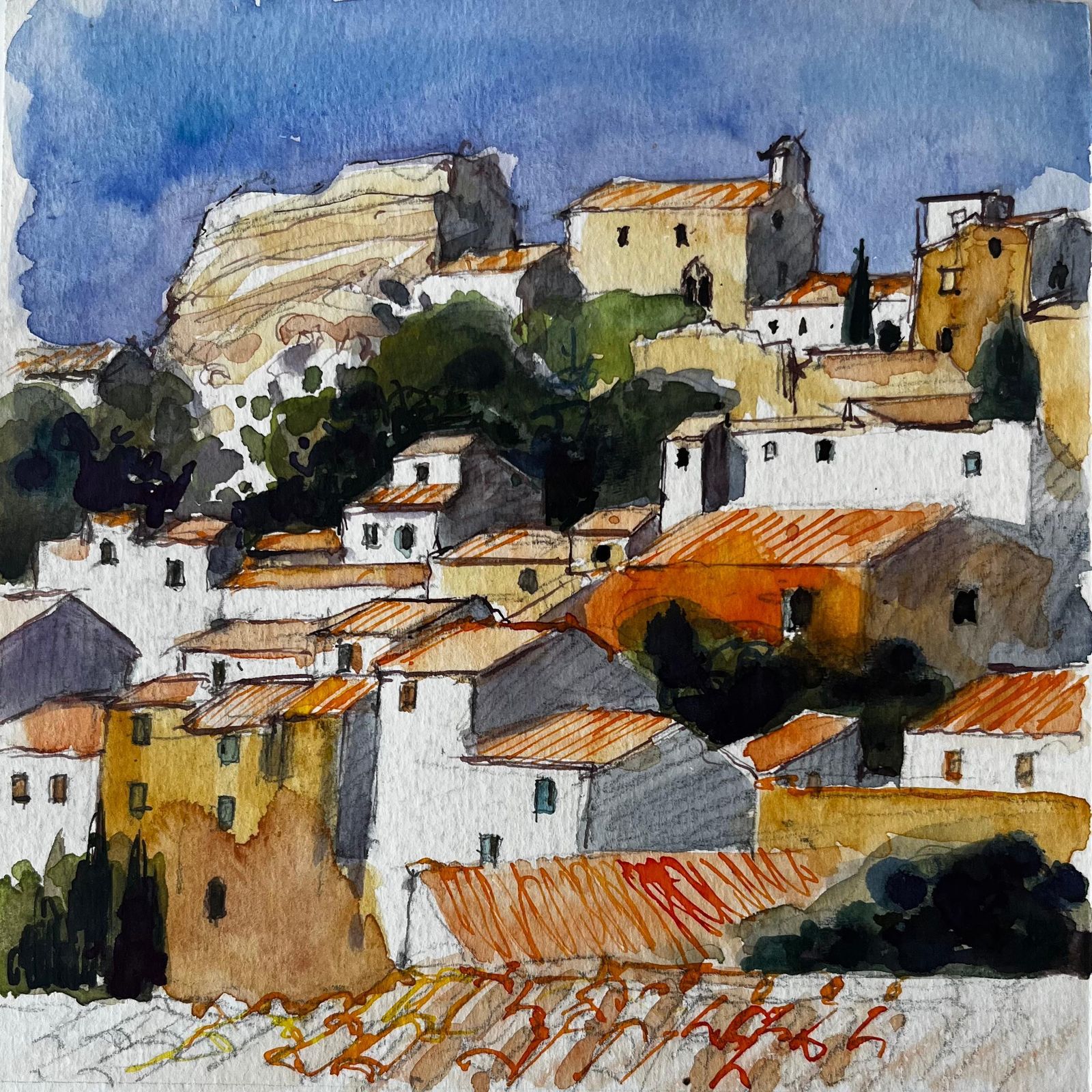 Pierre Neveuprovence Hilltop Village With Terracotta Roofs French Landscape Watercolor
