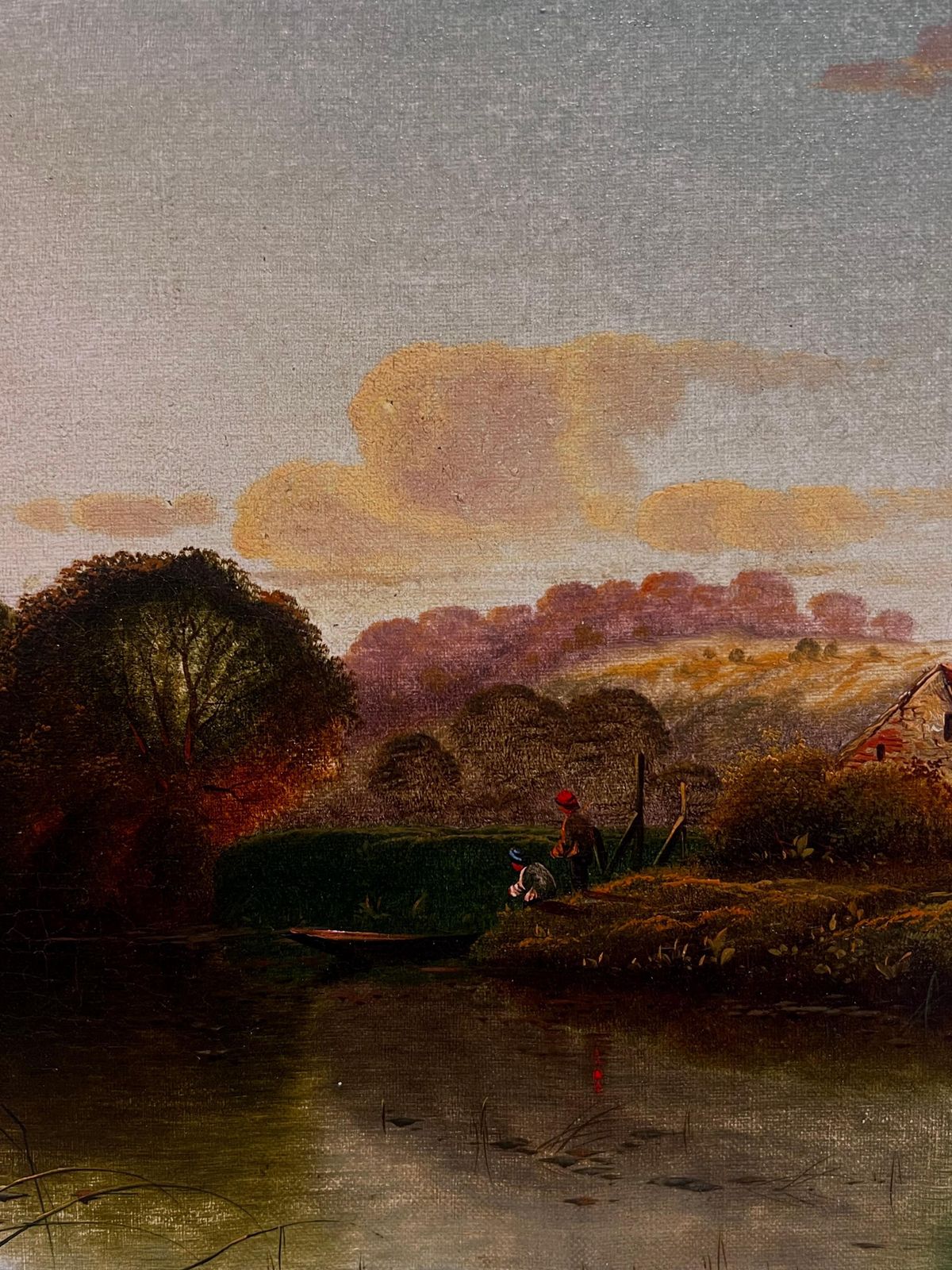 Edwin Henry Boddington (1836–1905) Fine Victorian Signed Oil Painting Sunset Dusk Over The River With Anglers photo for sale