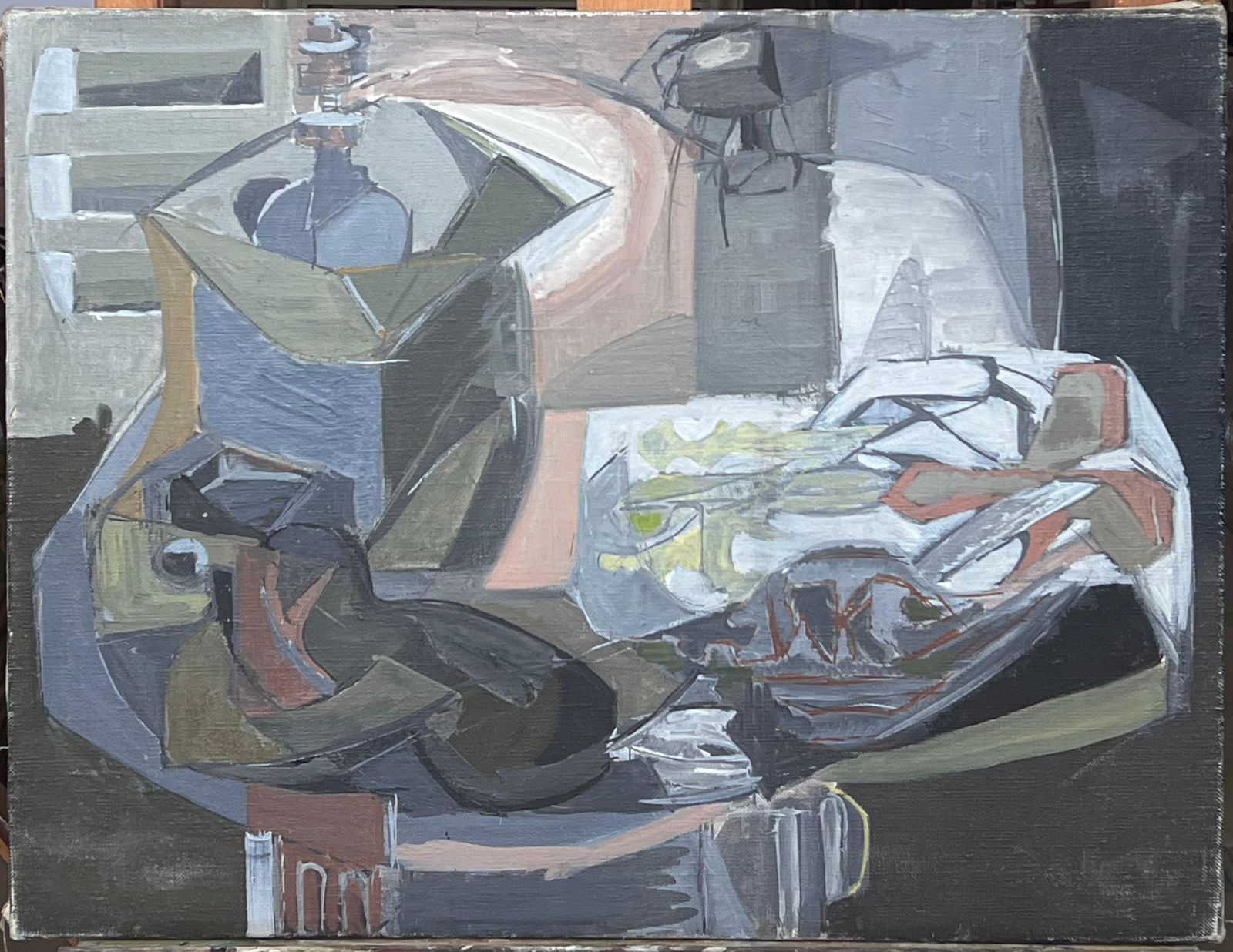 Laure Noetzin Azam (French 1929 2024)fine 20th Century French Cubist Still Life Grey Muted Tones Oil Painting photo furniture