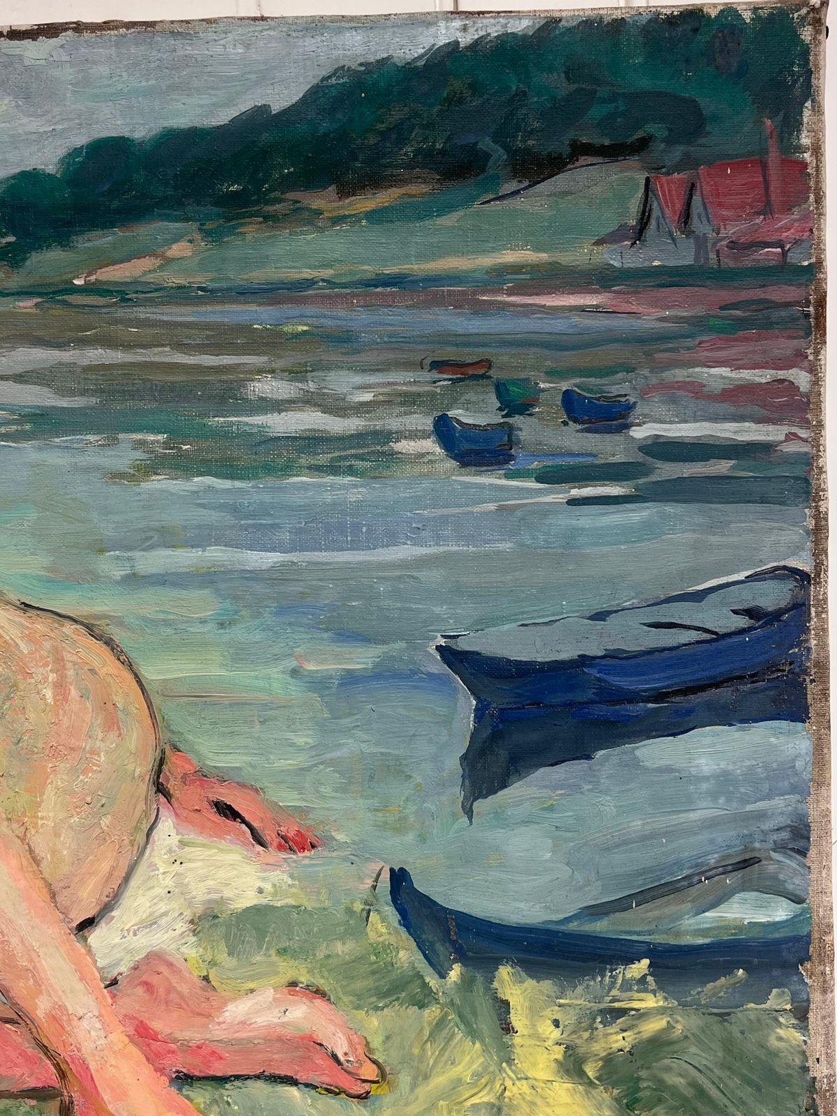 photo for sale Suzanne Dinkesfrench Mid Century Large Oil Painting Nude Lady Reclining On River Bank1950's