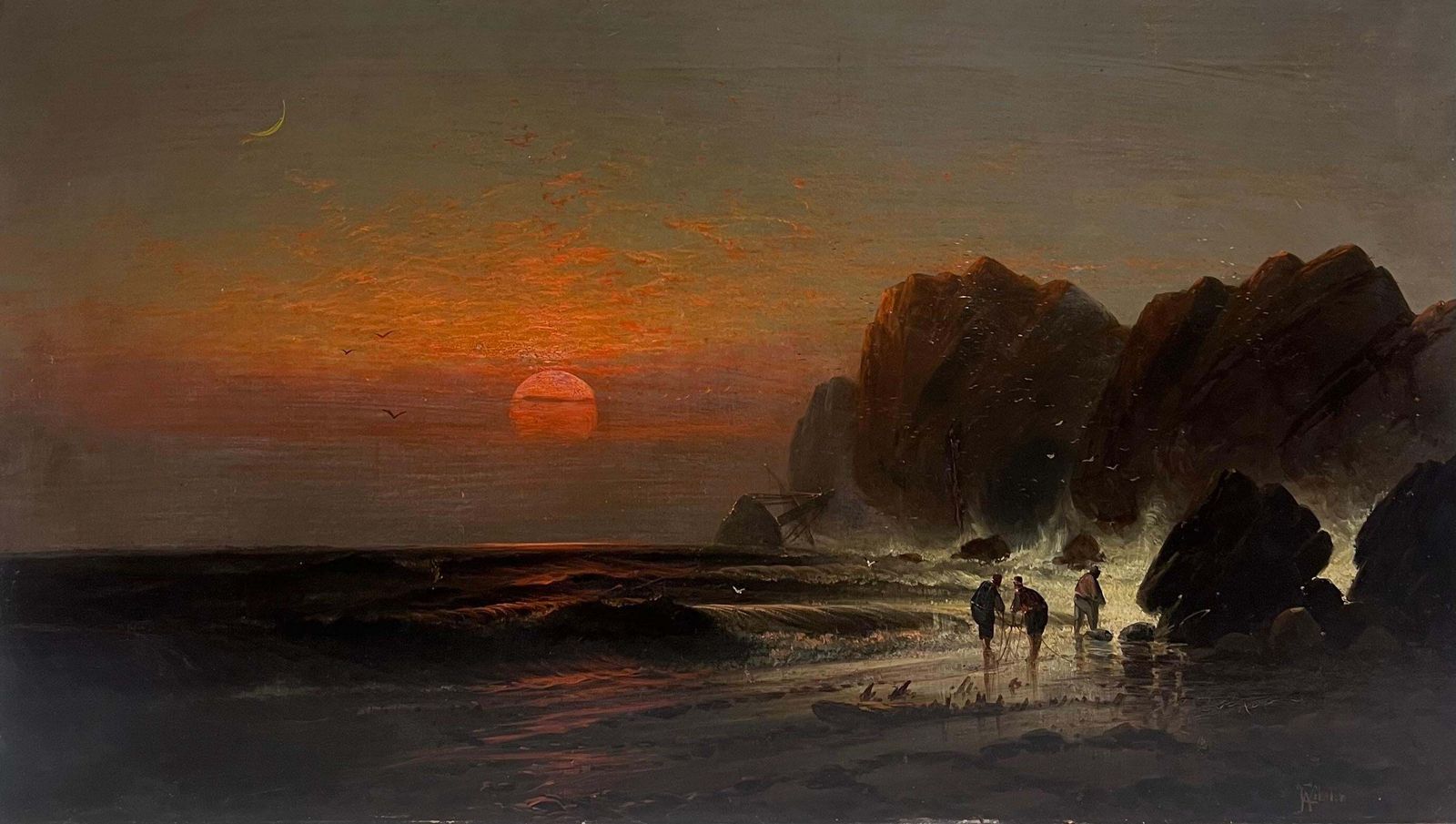 Charles Websterfine Very Large 19th Century English Marine Oil Painting Wreckers Sunset Coast1870's