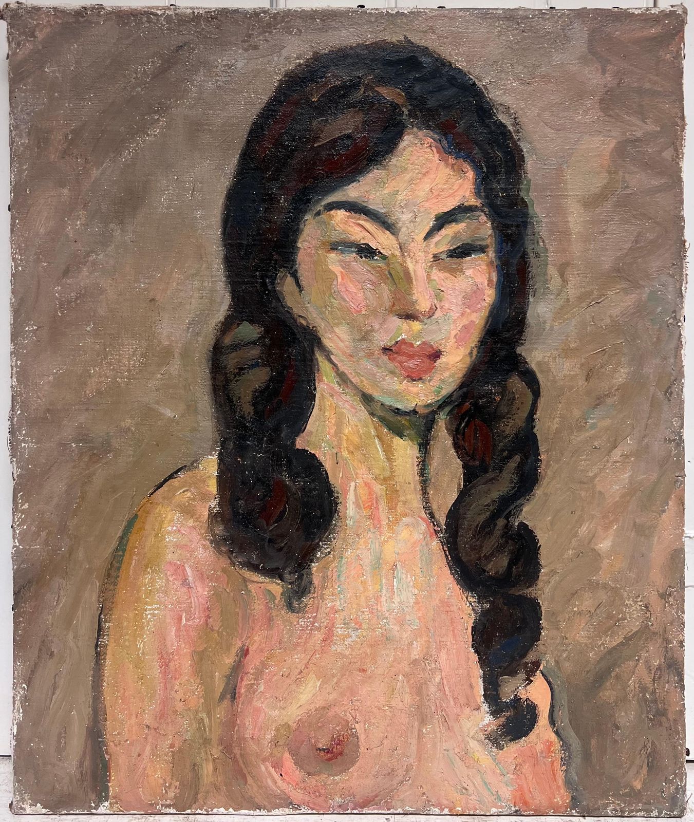 Suzanne Dinkesfrench Mid Century Oil Painting Portrait Nude Woman With Long Dark Hair1950's photo furniture