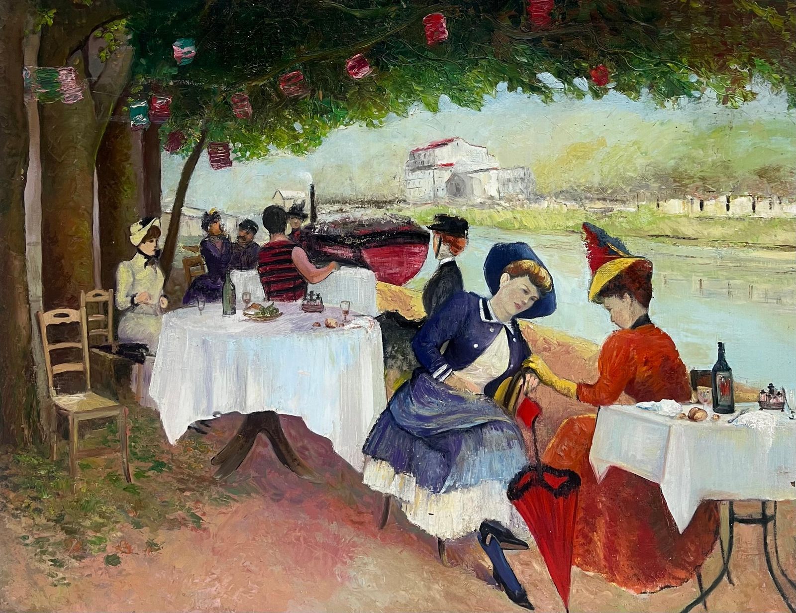 French Belle Epoqueelegant Parisian Figures Enjoying Open Air Riverside Cafe Antique French Oil