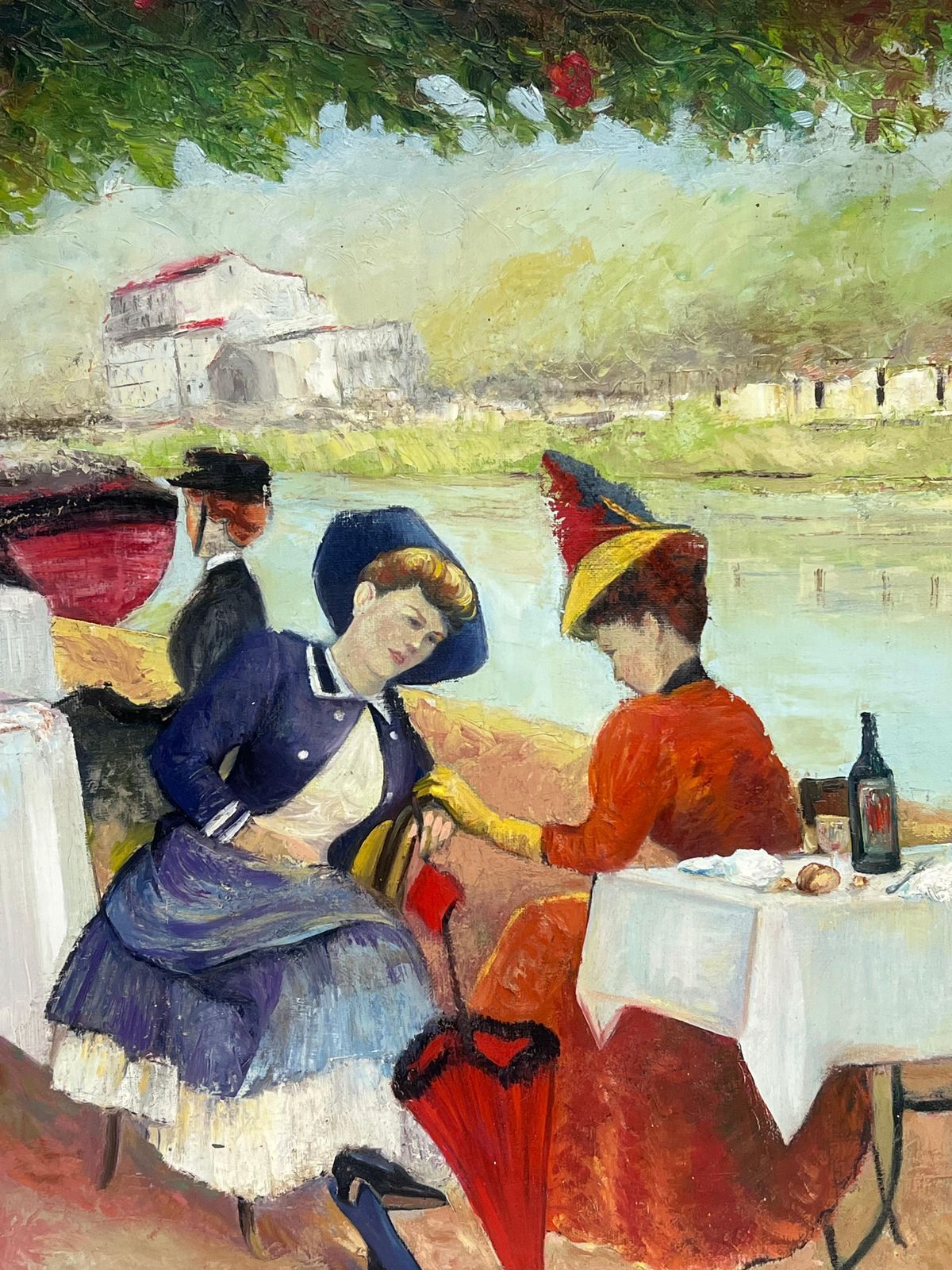 French Belle Epoqueelegant Parisian Figures Enjoying Open Air Riverside Cafe Antique French Oil photo for sale