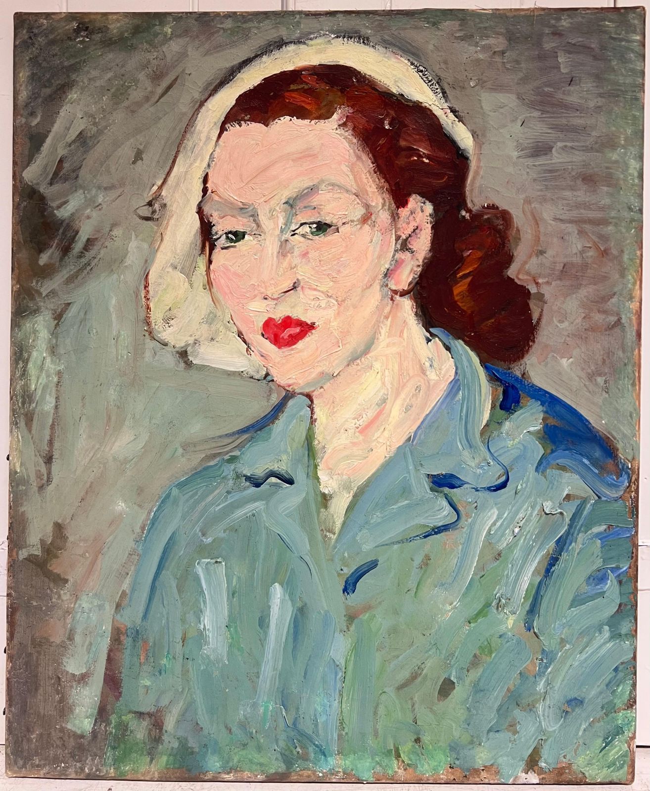 Suzanne Dinkesfrench Mid Century Oil Painting Post Impressionist Portrait Of Woman Blue Blouse1950's photo furniture