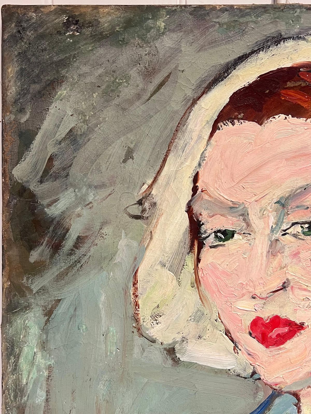 Suzanne Dinkesfrench Mid Century Oil Painting Post Impressionist Portrait Of Woman Blue Blouse1950's photo for sale