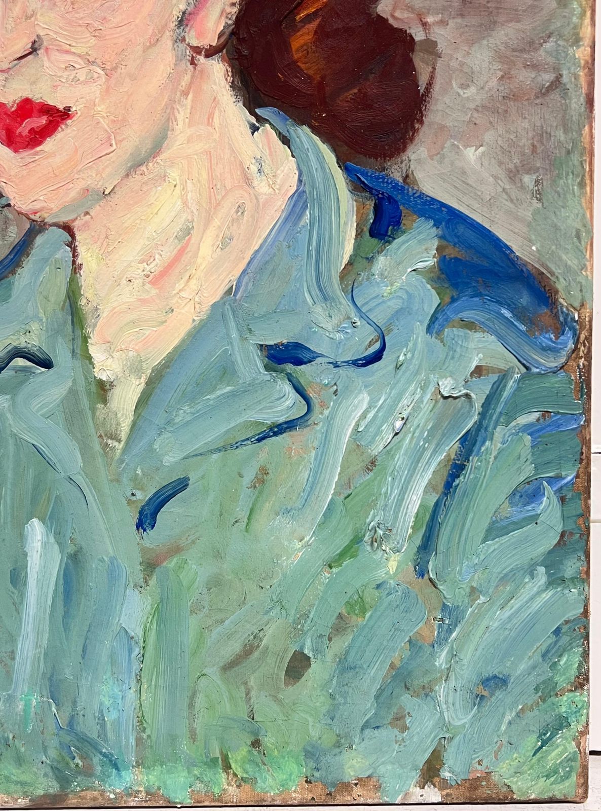 Suzanne Dinkesfrench Mid Century Oil Painting Post Impressionist Portrait Of Woman Blue Blouse1950's photo vintage