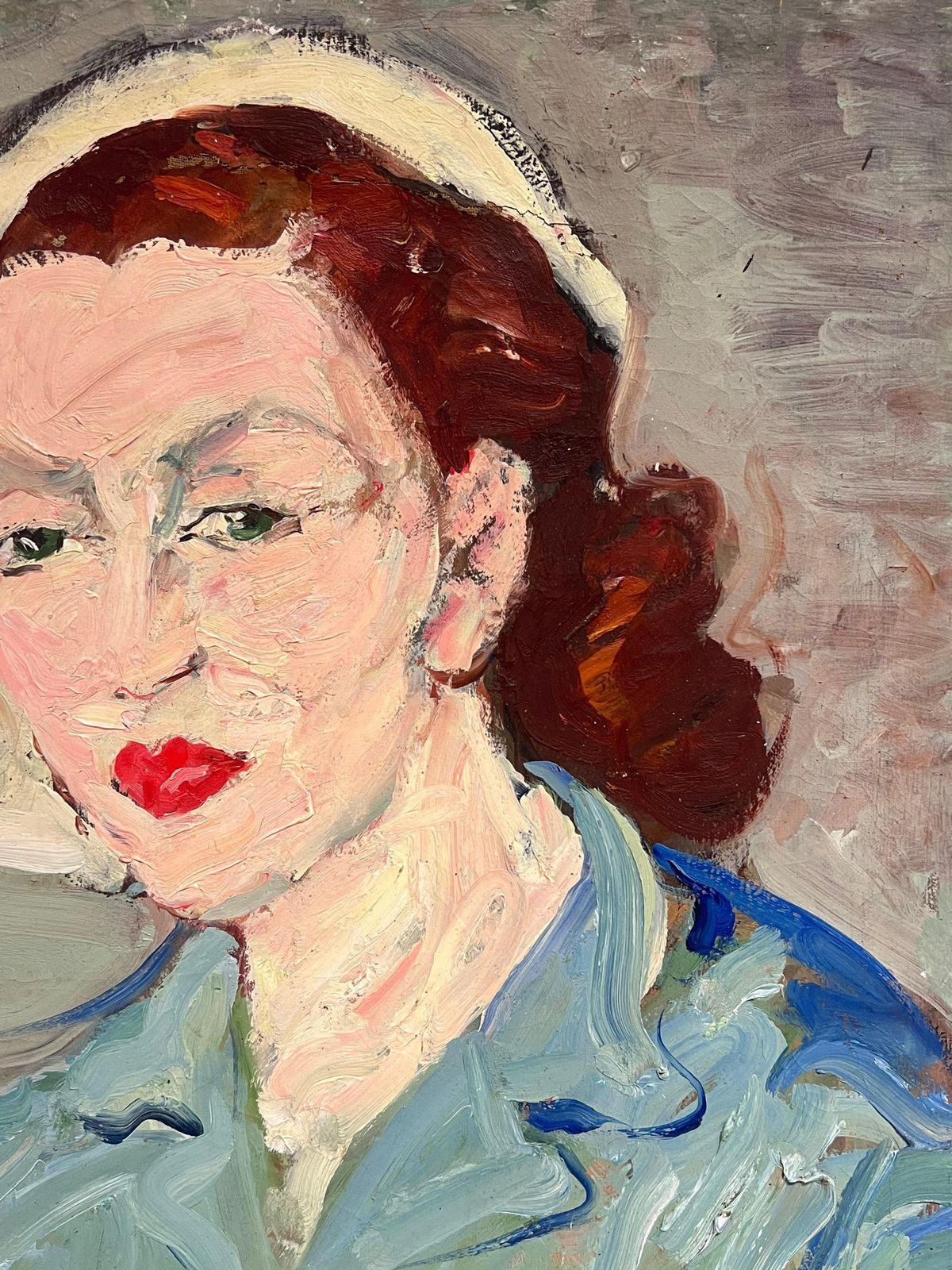 photo furniture Suzanne Dinkesfrench Mid Century Oil Painting Post Impressionist Portrait Of Woman Blue Blouse1950's