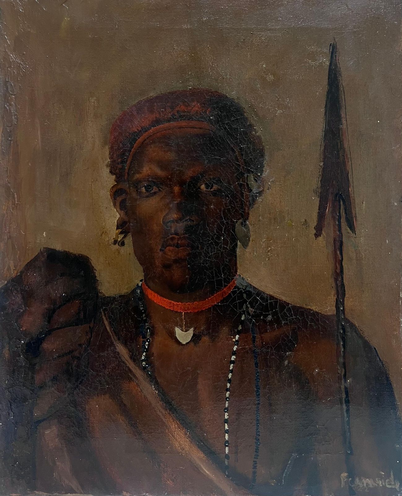 British Schoolantique Signed British Oil Painting Portrait Of A Warrior With A Spear photo for sale