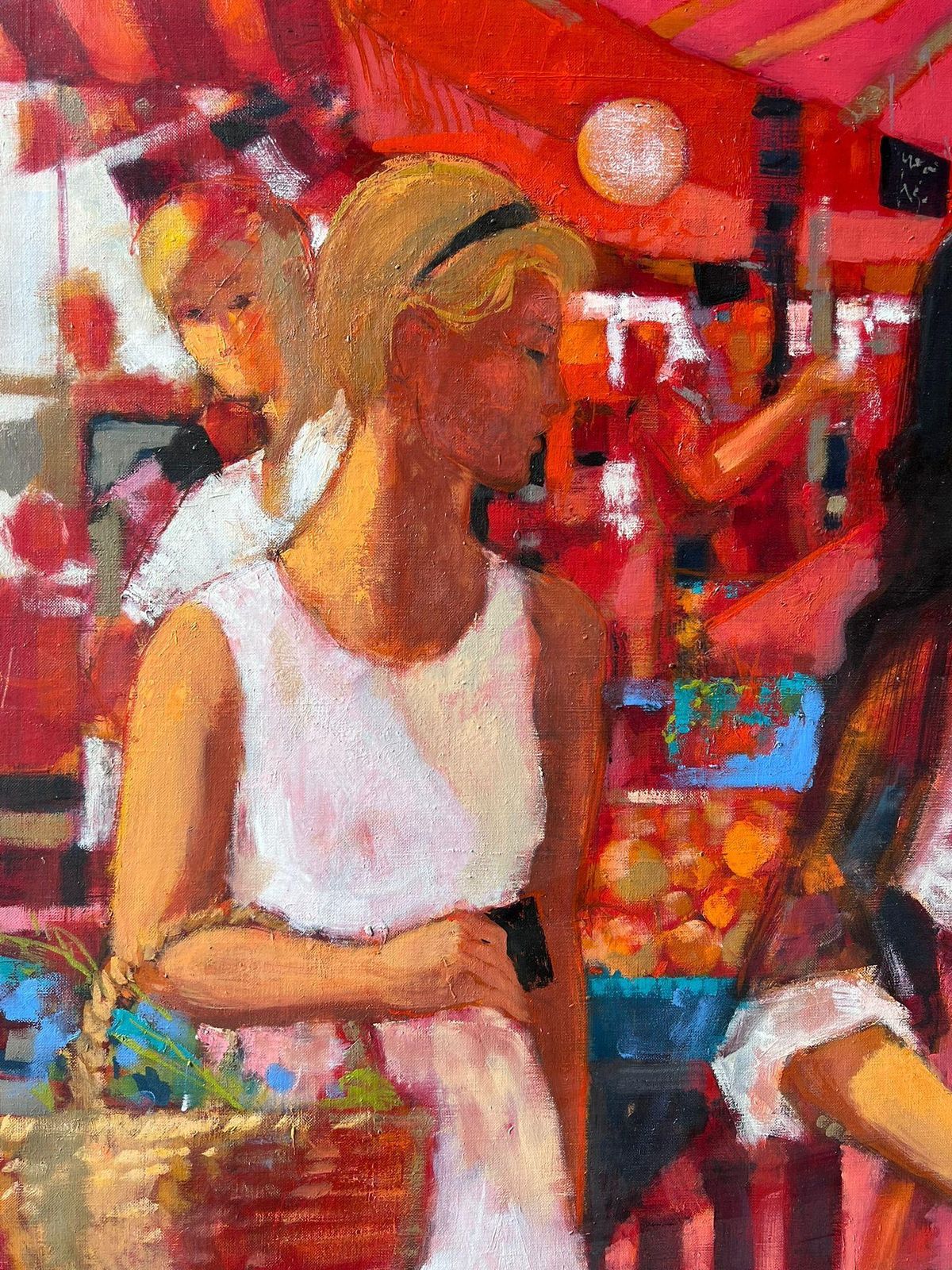 Pierre Neveuwomen Strolling Through Bright Red Market Stalls Filled With Produce French Oil photo vinterior