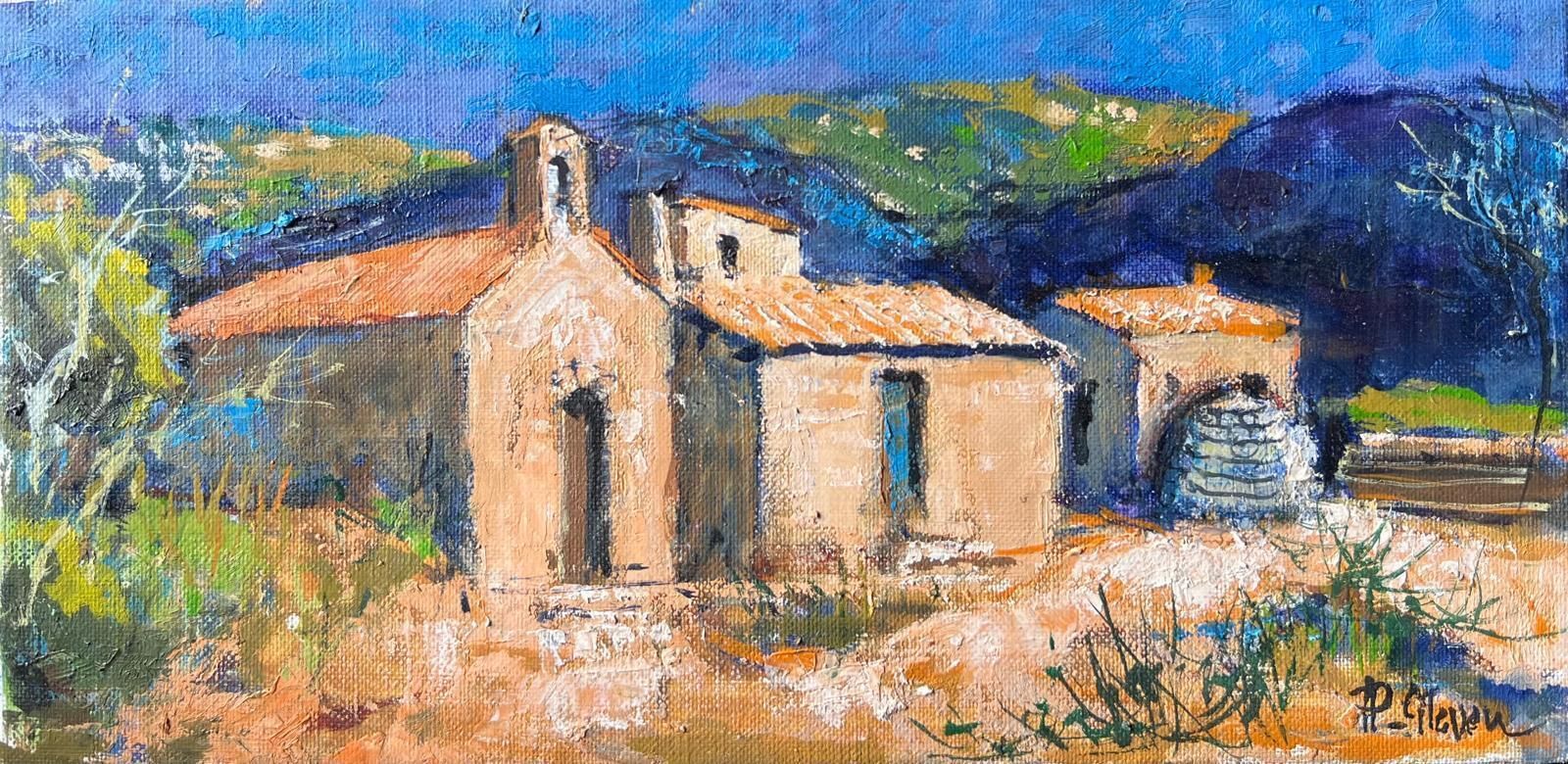 Pierre Neveua Stone Chapel And Outbuildings In Sunlit Mountain Landscape French Oil Painting