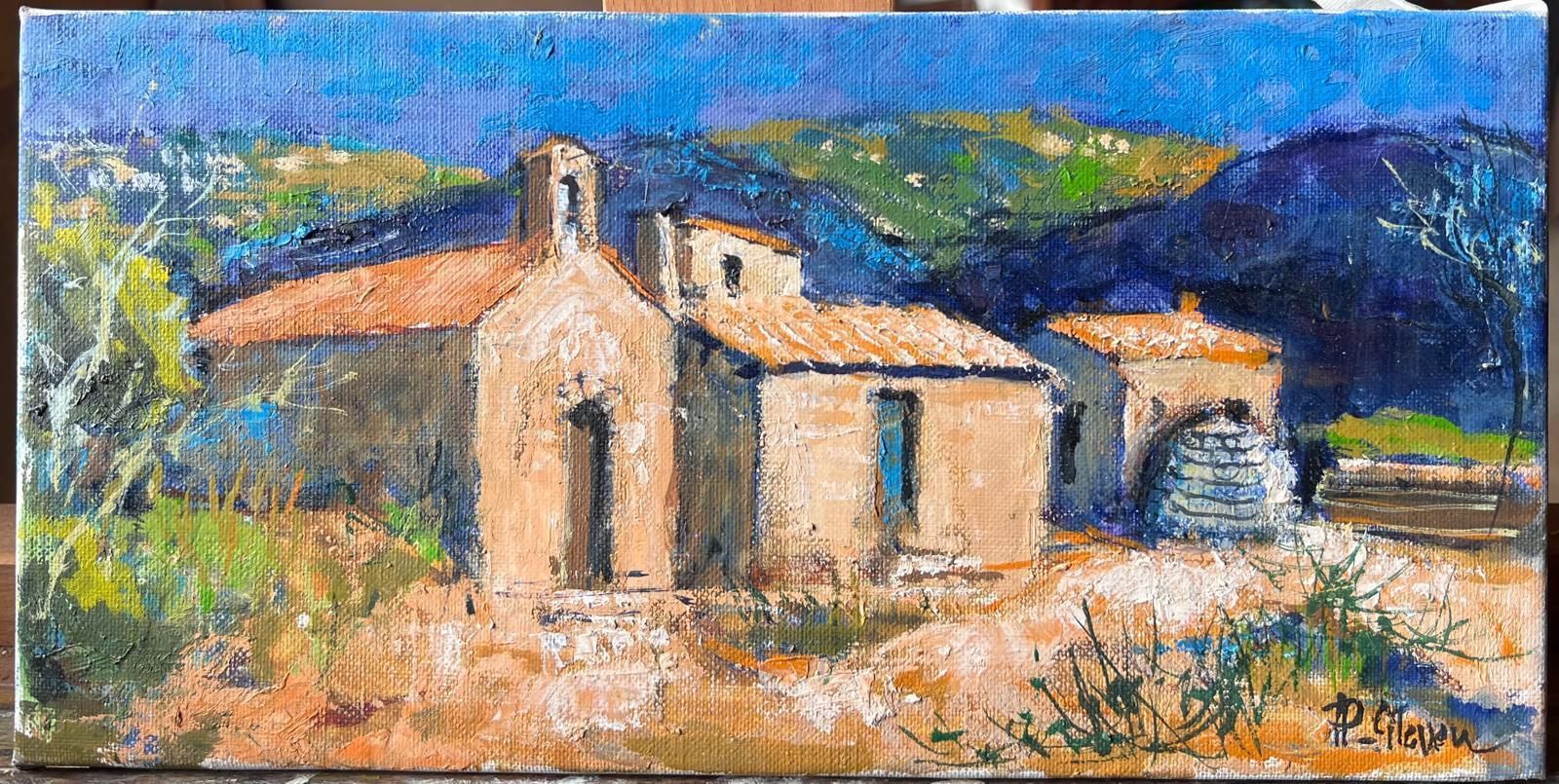 Pierre Neveua Stone Chapel And Outbuildings In Sunlit Mountain Landscape French Oil Painting photo furniture