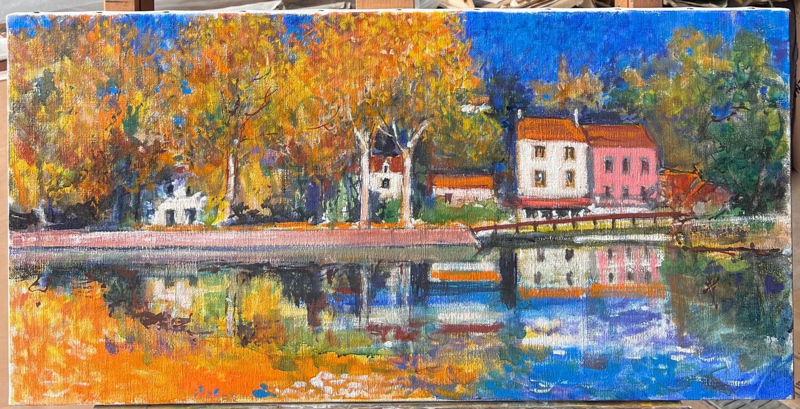 Pierre Neveuautumn Riverside View With Trees And Homes Beside Calm Water French Oil Painting photo furniture