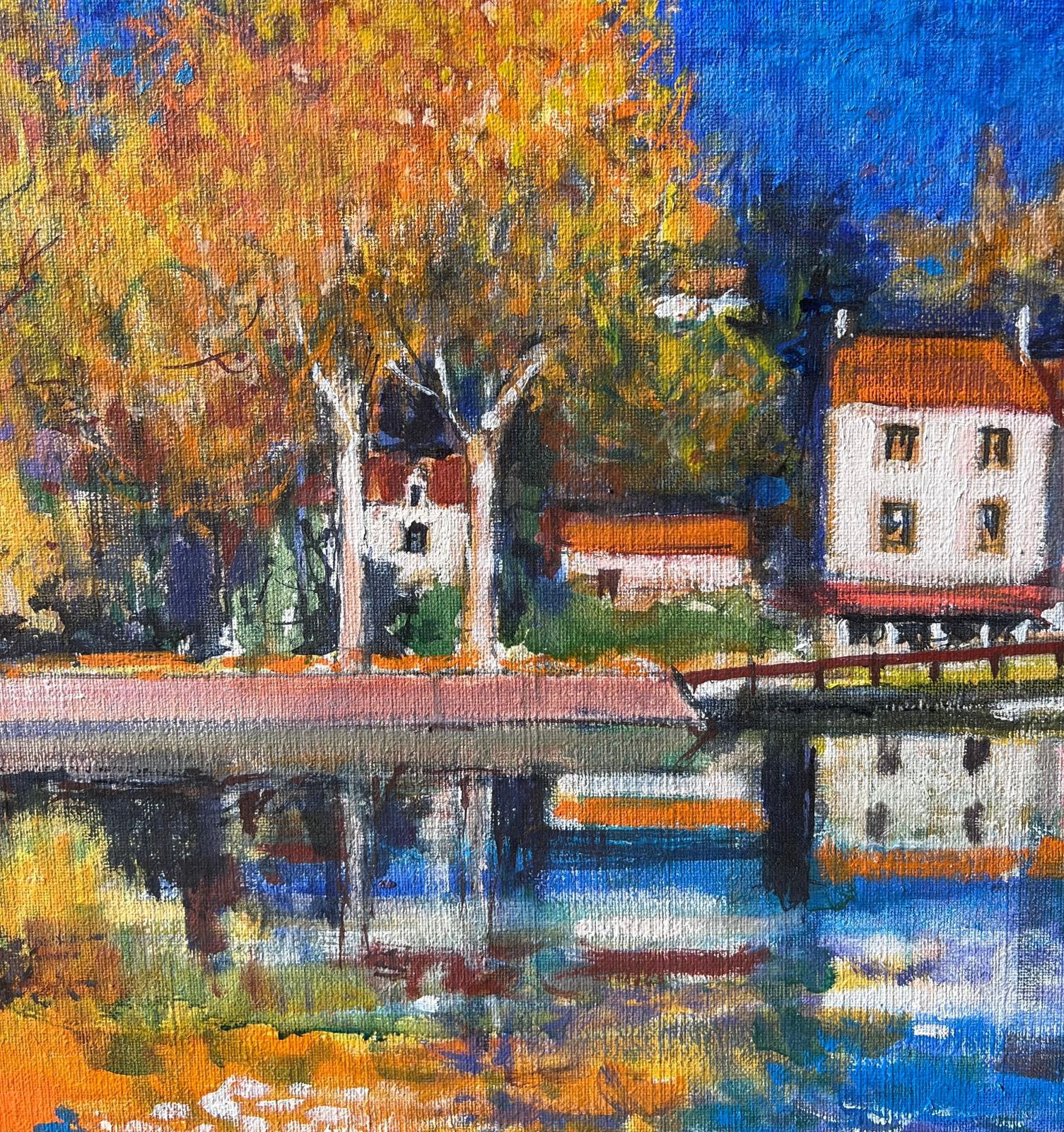 Pierre Neveuautumn Riverside View With Trees And Homes Beside Calm Water French Oil Painting photo for sale