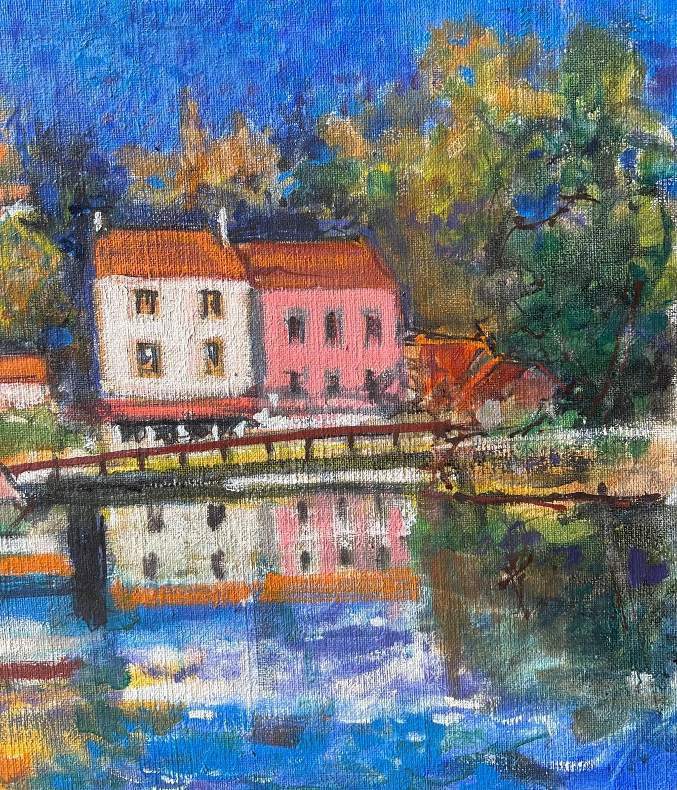 Pierre Neveuautumn Riverside View With Trees And Homes Beside Calm Water French Oil Painting photo vinterior