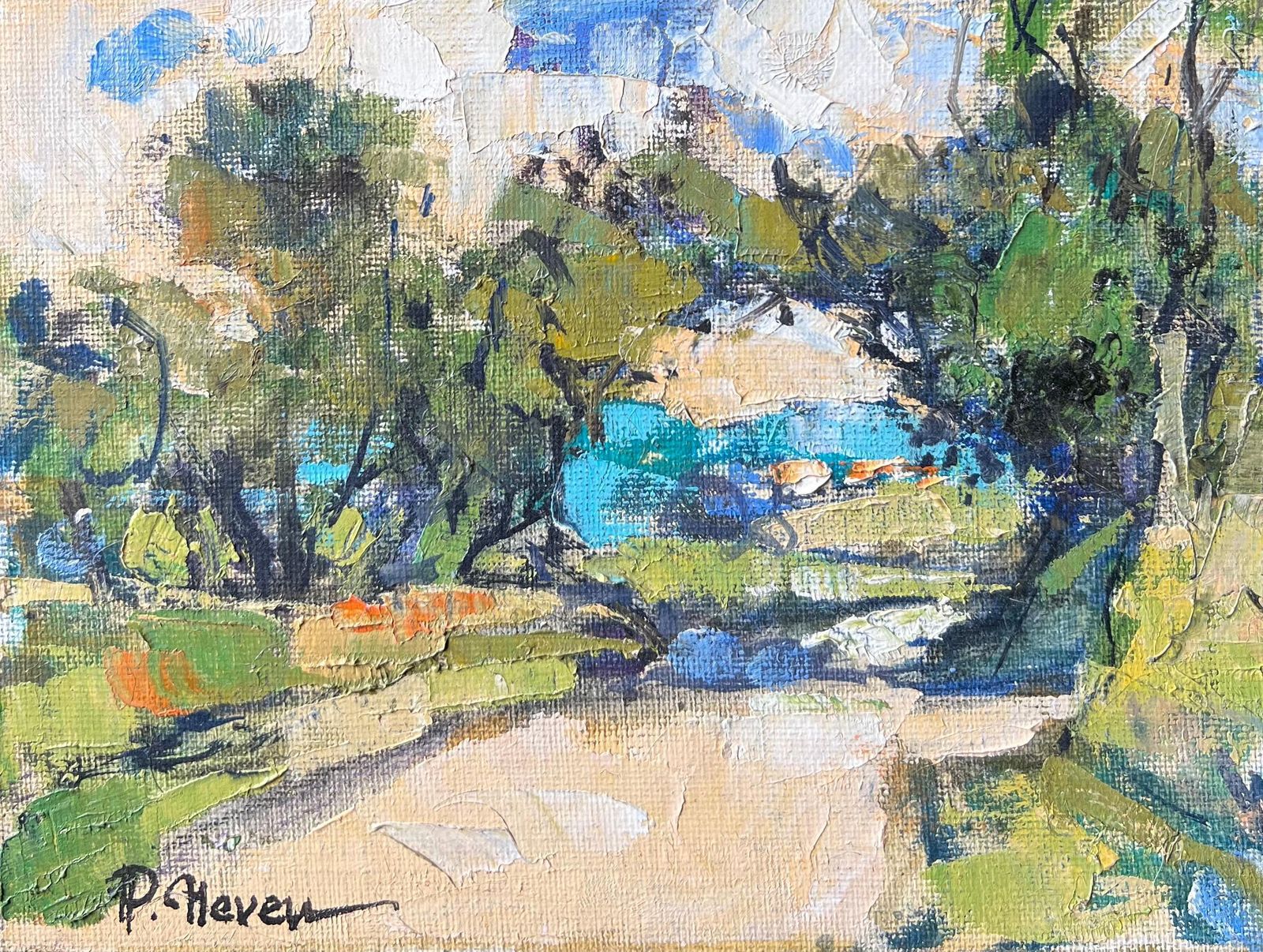 Pierre Neveusmall Landscape With Trees And Blue Water Beneath Warm Light French Oil Painting