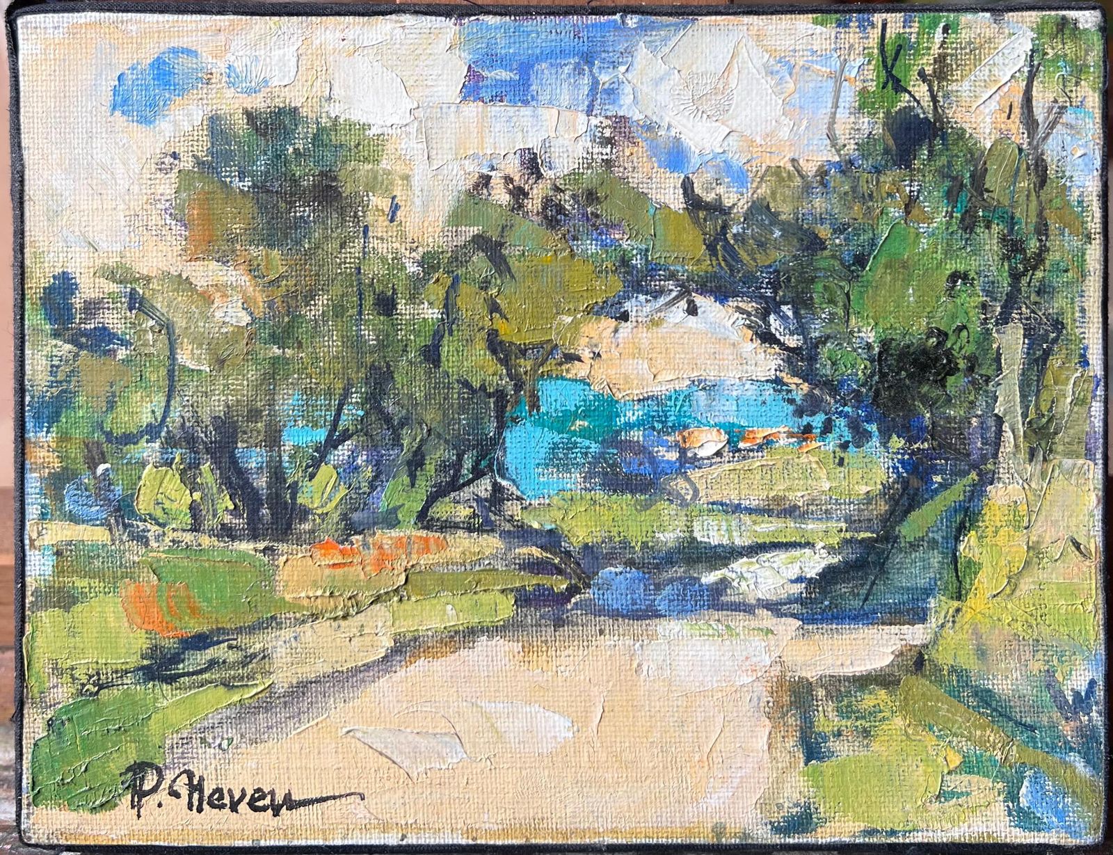 Pierre Neveusmall Landscape With Trees And Blue Water Beneath Warm Light French Oil Painting photo furniture