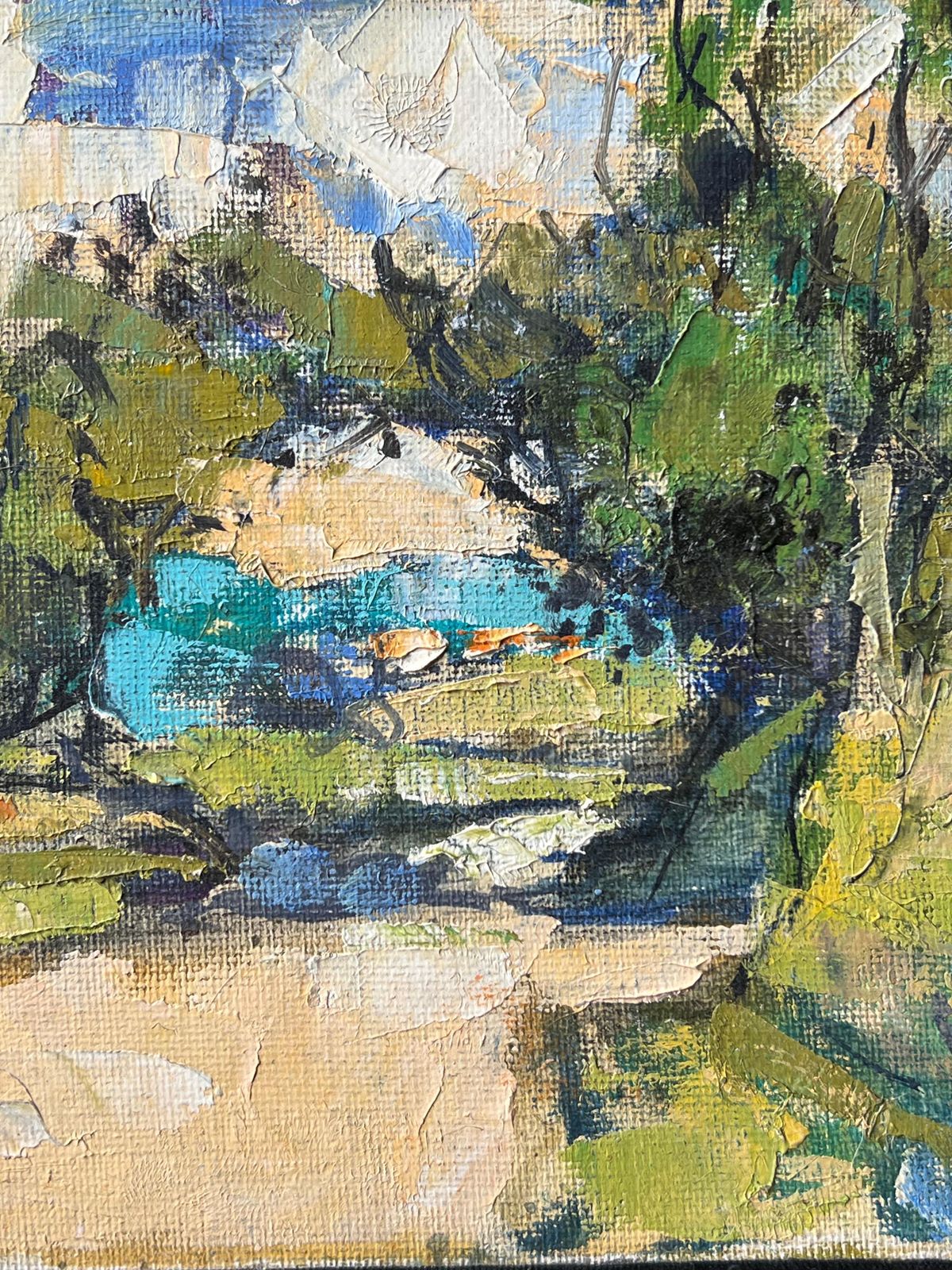 Pierre Neveusmall Landscape With Trees And Blue Water Beneath Warm Light French Oil Painting photo for sale