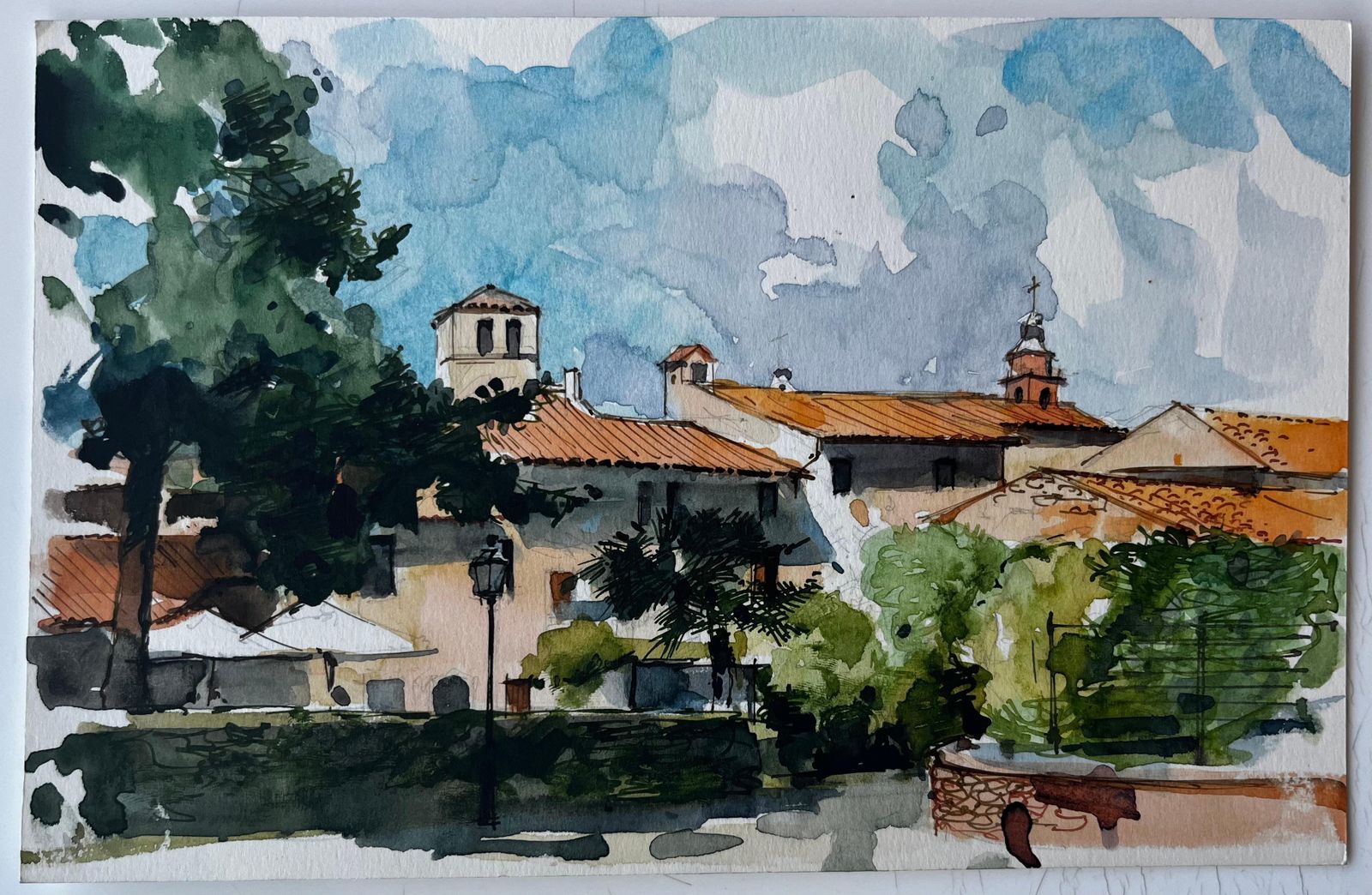 Pierre Neveumediterranean Village Rooftops Church Towers And Pine Trees Watercolor photo furniture