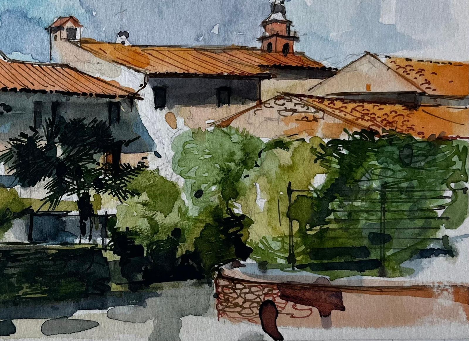 Pierre Neveumediterranean Village Rooftops Church Towers And Pine Trees Watercolor photo for sale