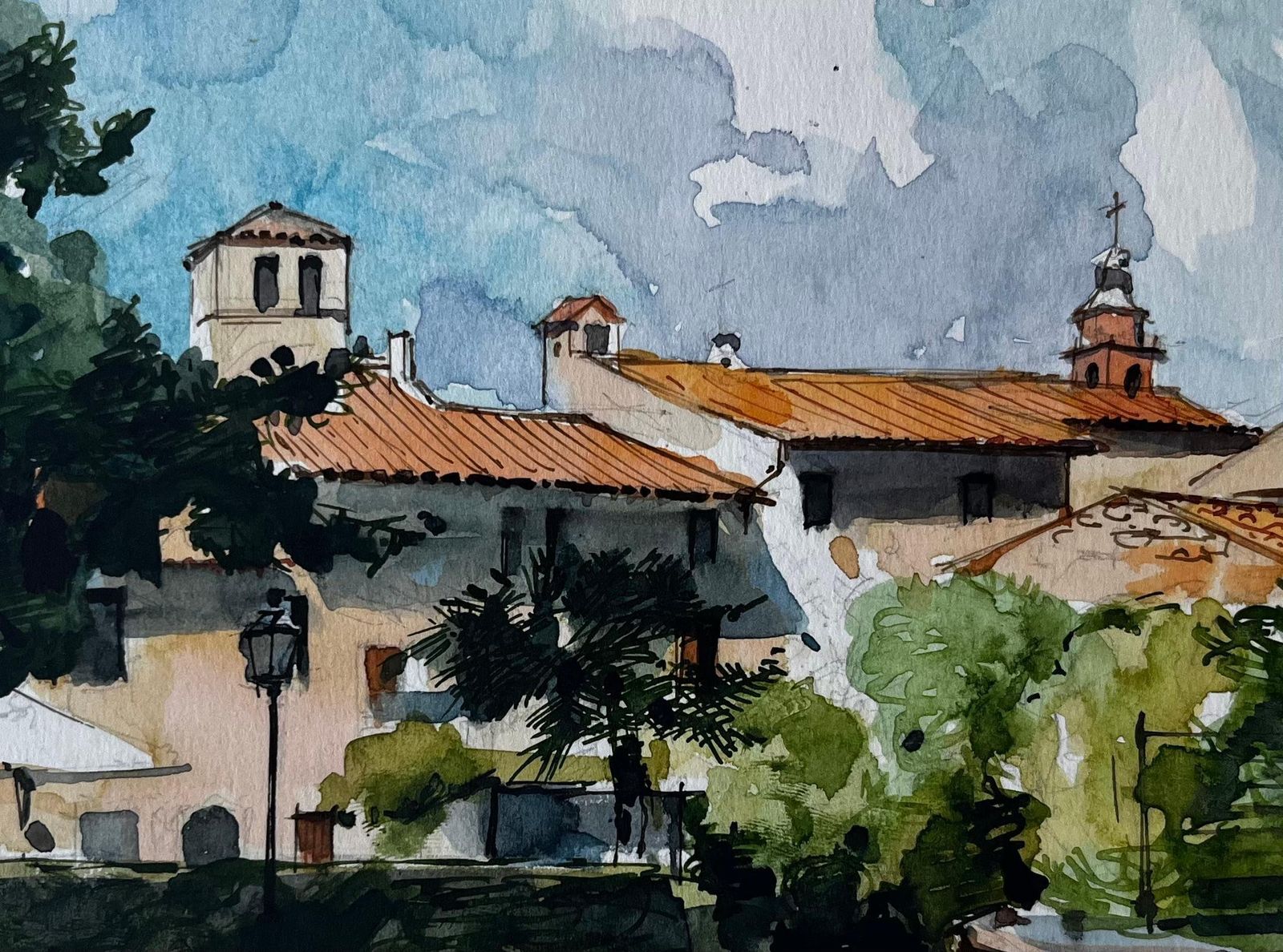 Pierre Neveumediterranean Village Rooftops Church Towers And Pine Trees Watercolor photo buy