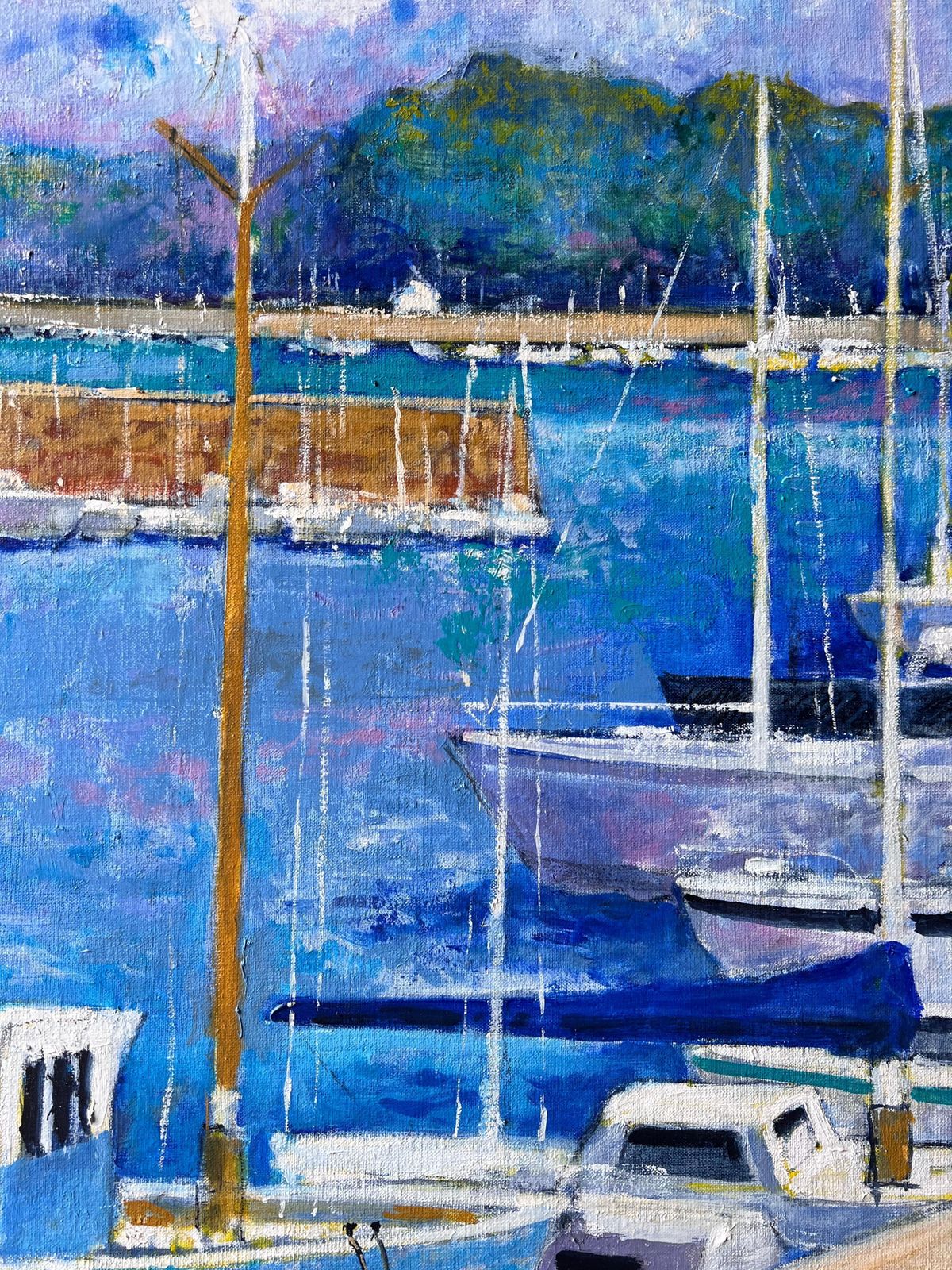 Pierre Neveusunny Sailboats In Blue Marina By Green Hills At Harbour French Oil Painting photo 763.0
