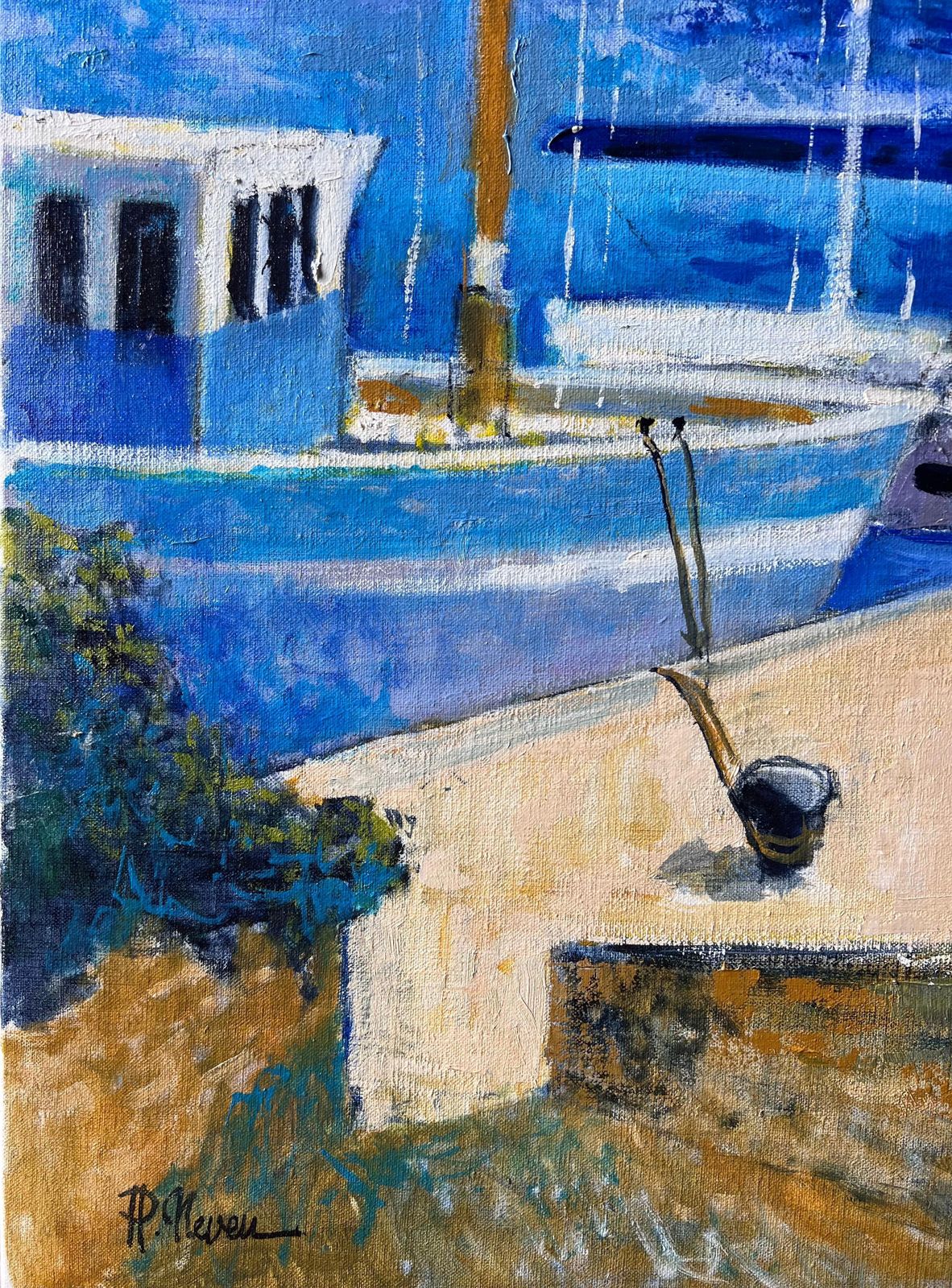 Pierre Neveusunny Sailboats In Blue Marina By Green Hills At Harbour French Oil Painting photo vinterior