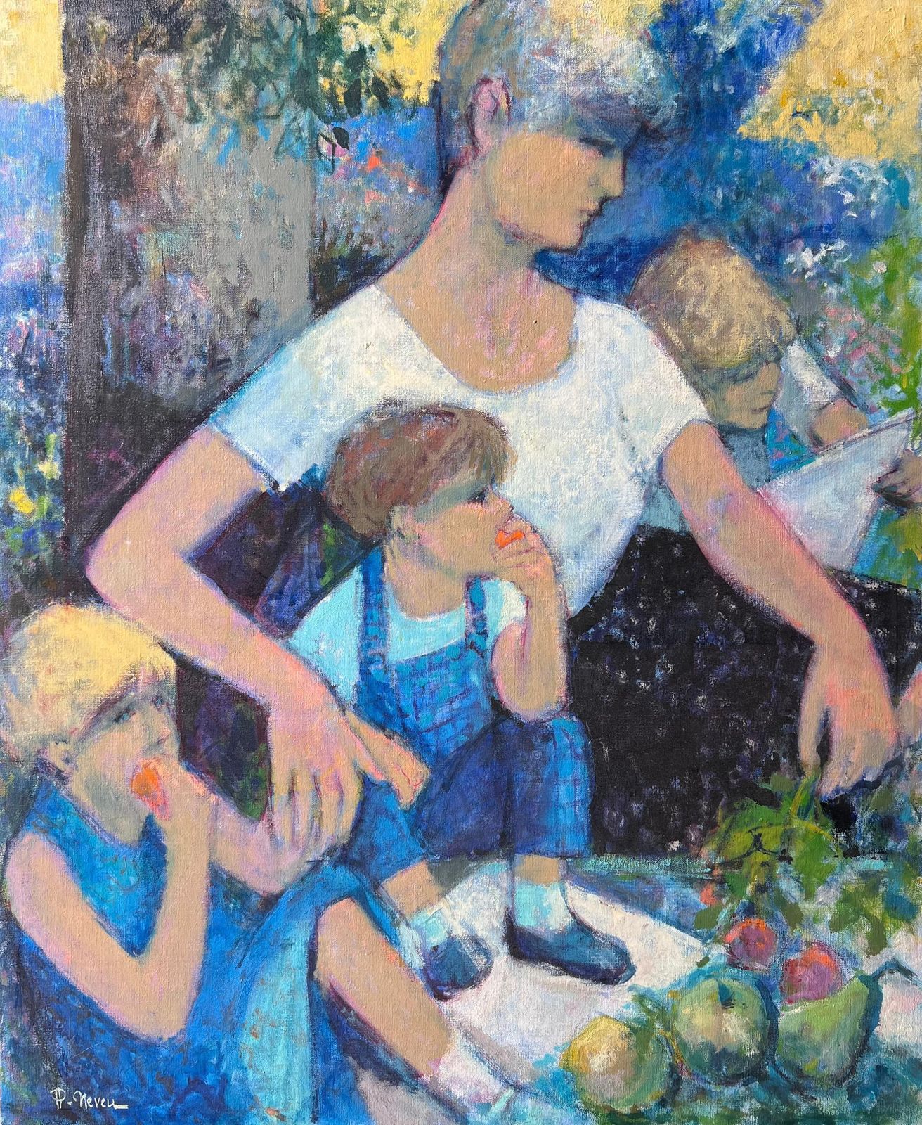 Pierre Neveufamily Picnic With Children Eating Fruit Beneath Sunlit Tree French Oil Painting