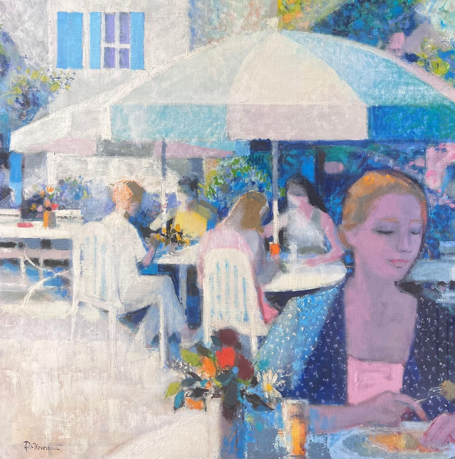 Pierre Neveula Creperie At Chantilly Sunlit Cafe Terrace With Figures In French Oil Painting photo furniture