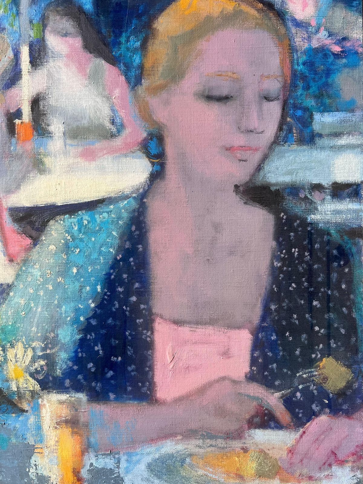 Pierre Neveula Creperie At Chantilly Sunlit Cafe Terrace With Figures In French Oil Painting photo for sale