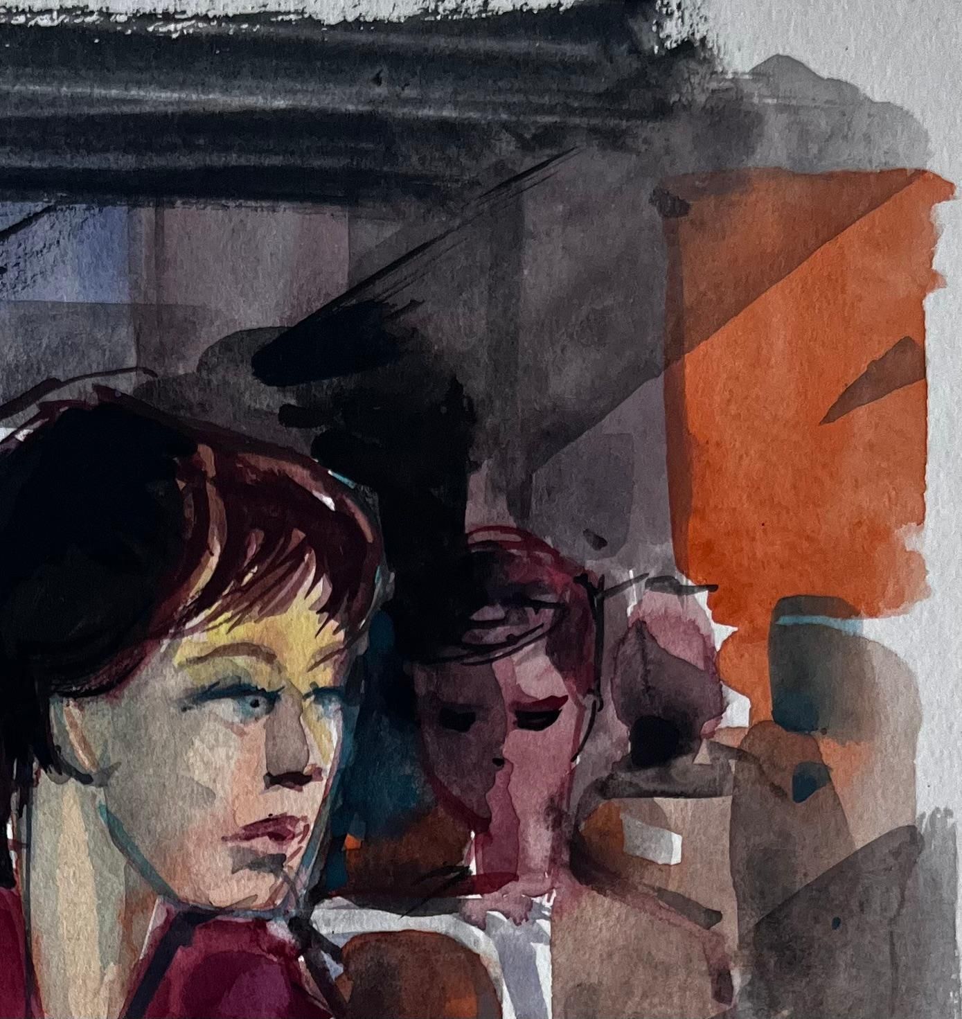 Pierre Neveuwoman On Morning Train Interior Commuter Portrait Watercolor photo Art