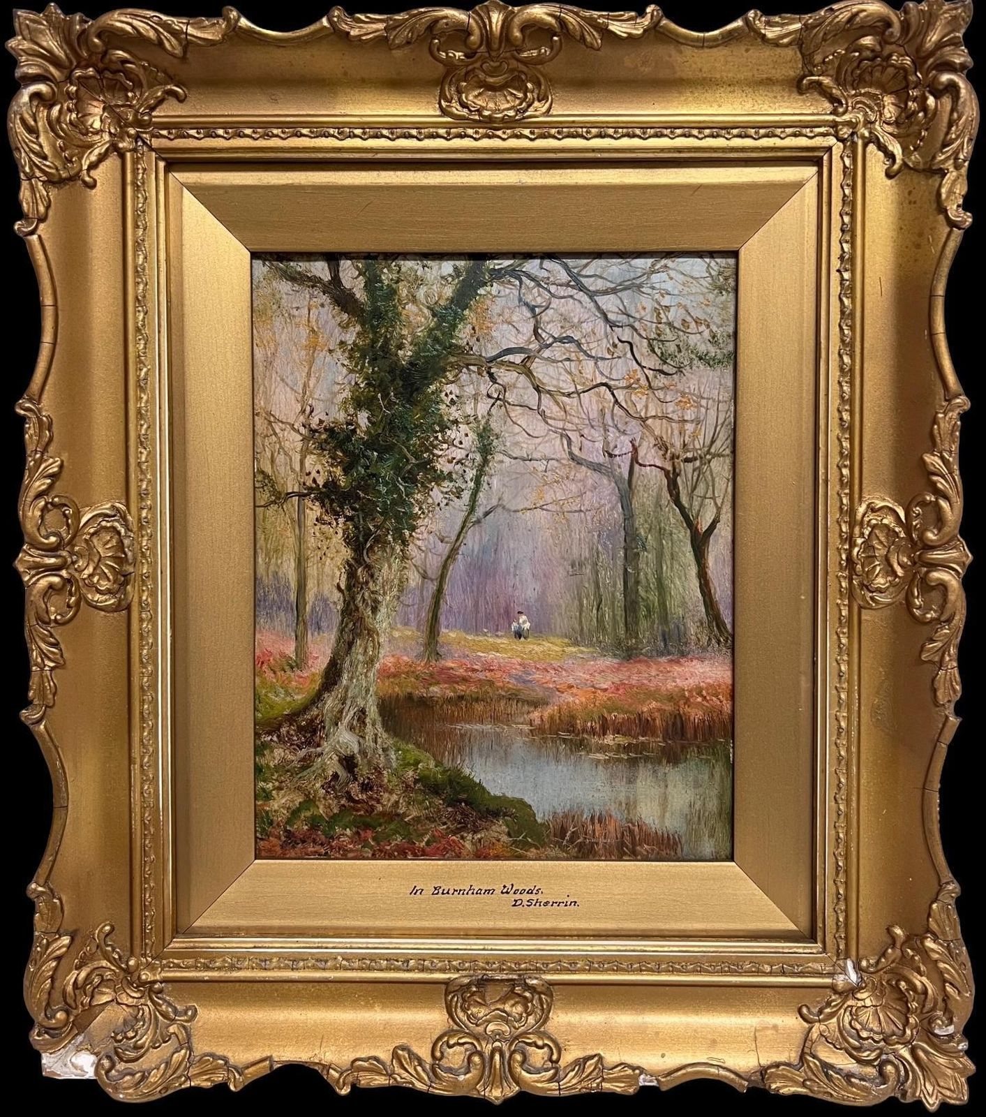 Daniel Sherrinburnham Woods Antique English Oil Painting Figures In Autumn Woodland Glade