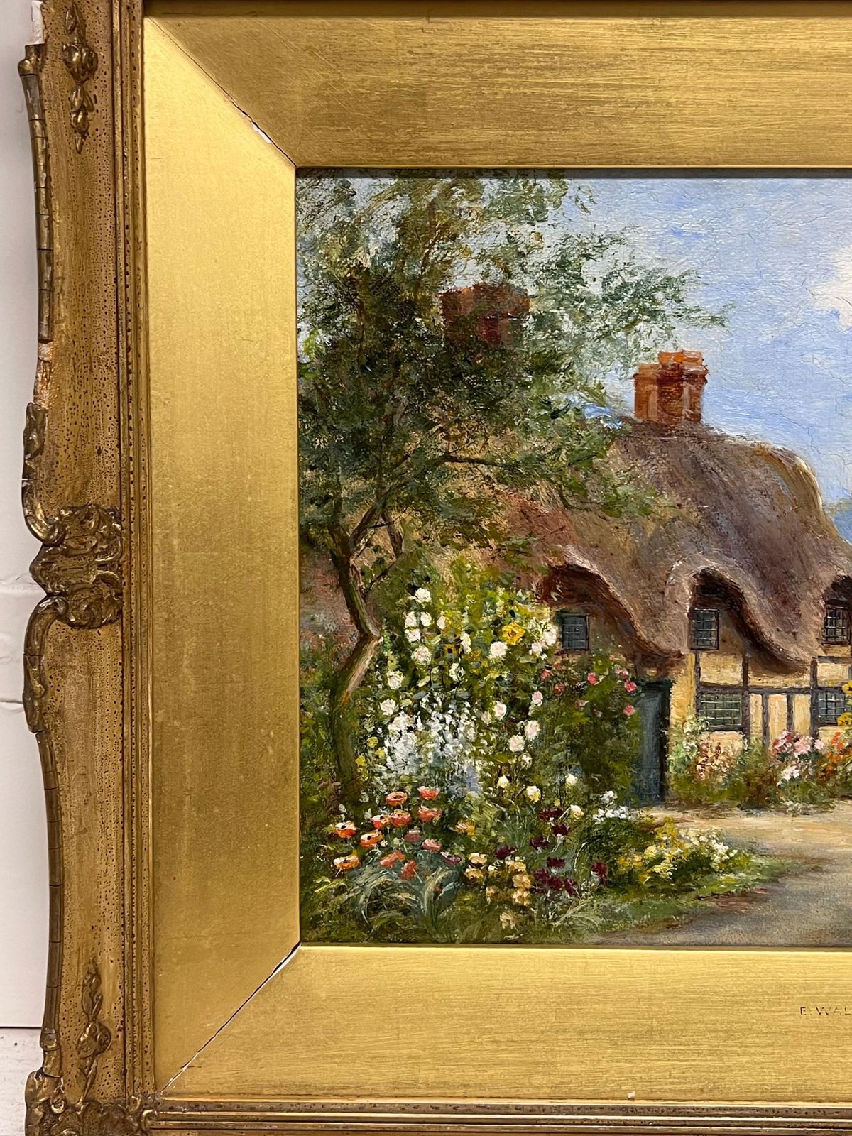 Eva Walbourncharming Victorian Signed Oil Painting Thatched Cottage Hollyhocks Garden photo vintage