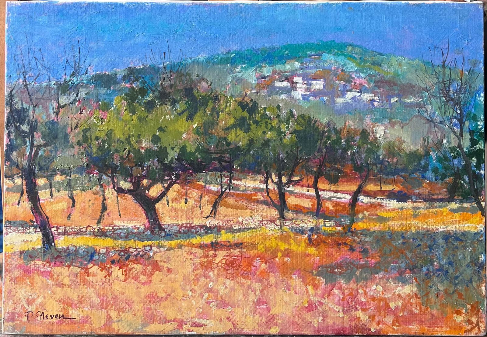 Pierre Neveusunlit Olive Grove With Hilltop Village In Vibrant French Countryside photo furniture