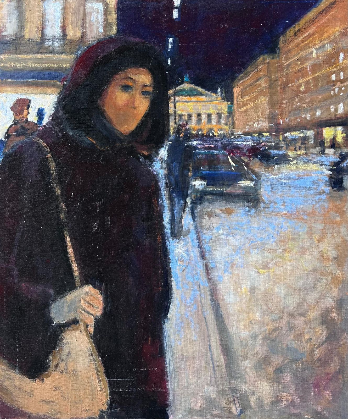 Pierre Neveuwoman On Paris Opera Snowy Street At Night With Lights French Oil Painting