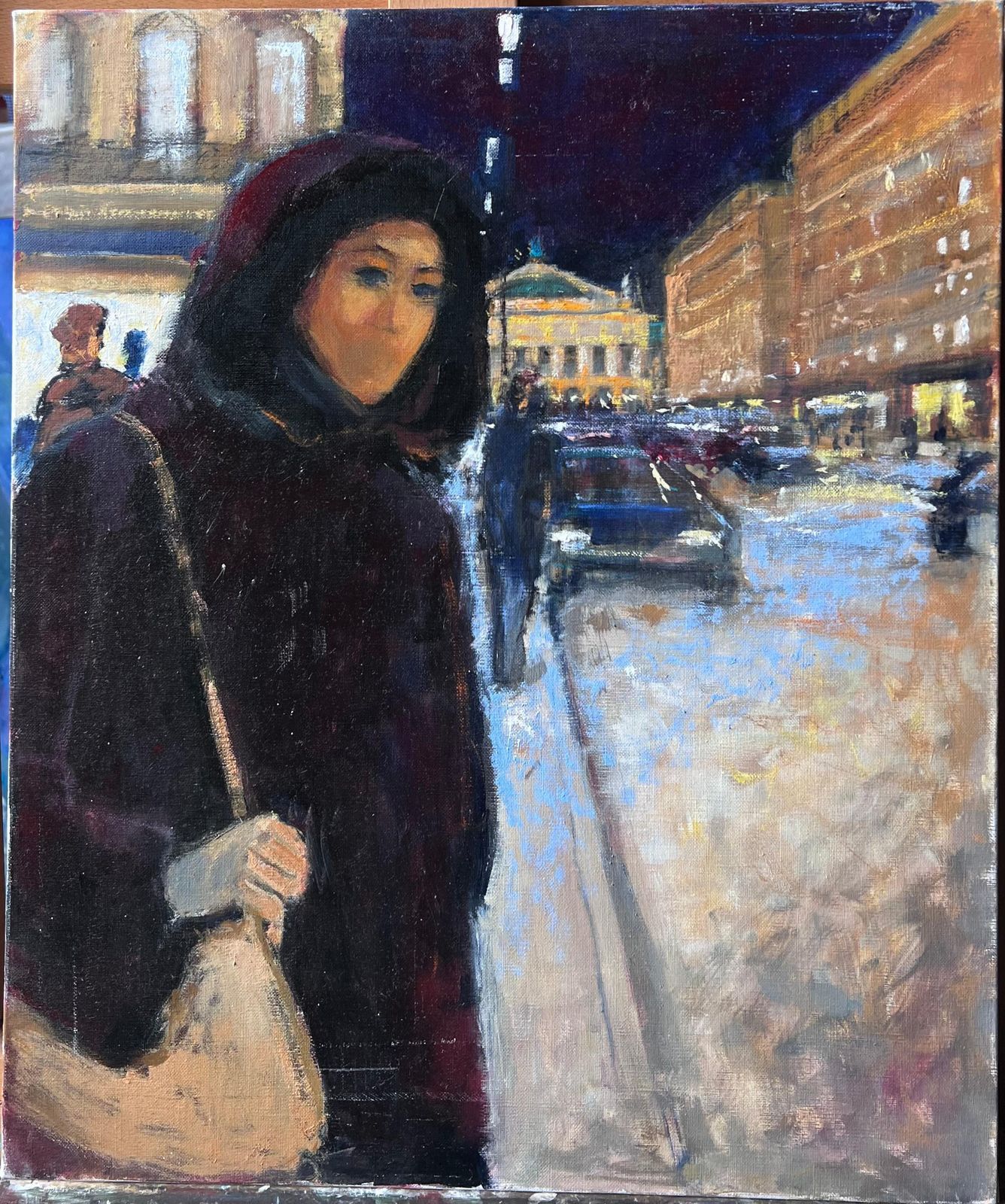 Pierre Neveuwoman On Paris Opera Snowy Street At Night With Lights French Oil Painting photo furniture