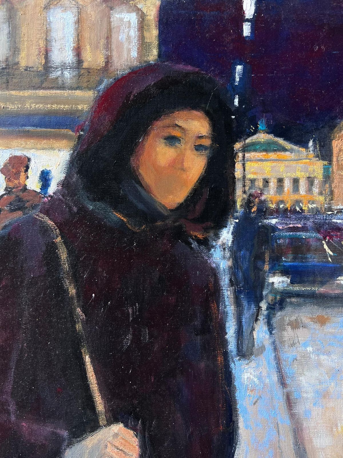 Pierre Neveuwoman On Paris Opera Snowy Street At Night With Lights French Oil Painting photo for sale
