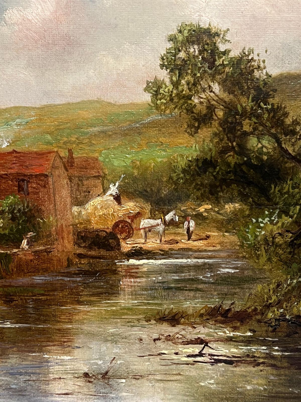 English School (19th Century)antique English Oil Painting Figures Loading The Hay Cart Beside The River photo 967.0