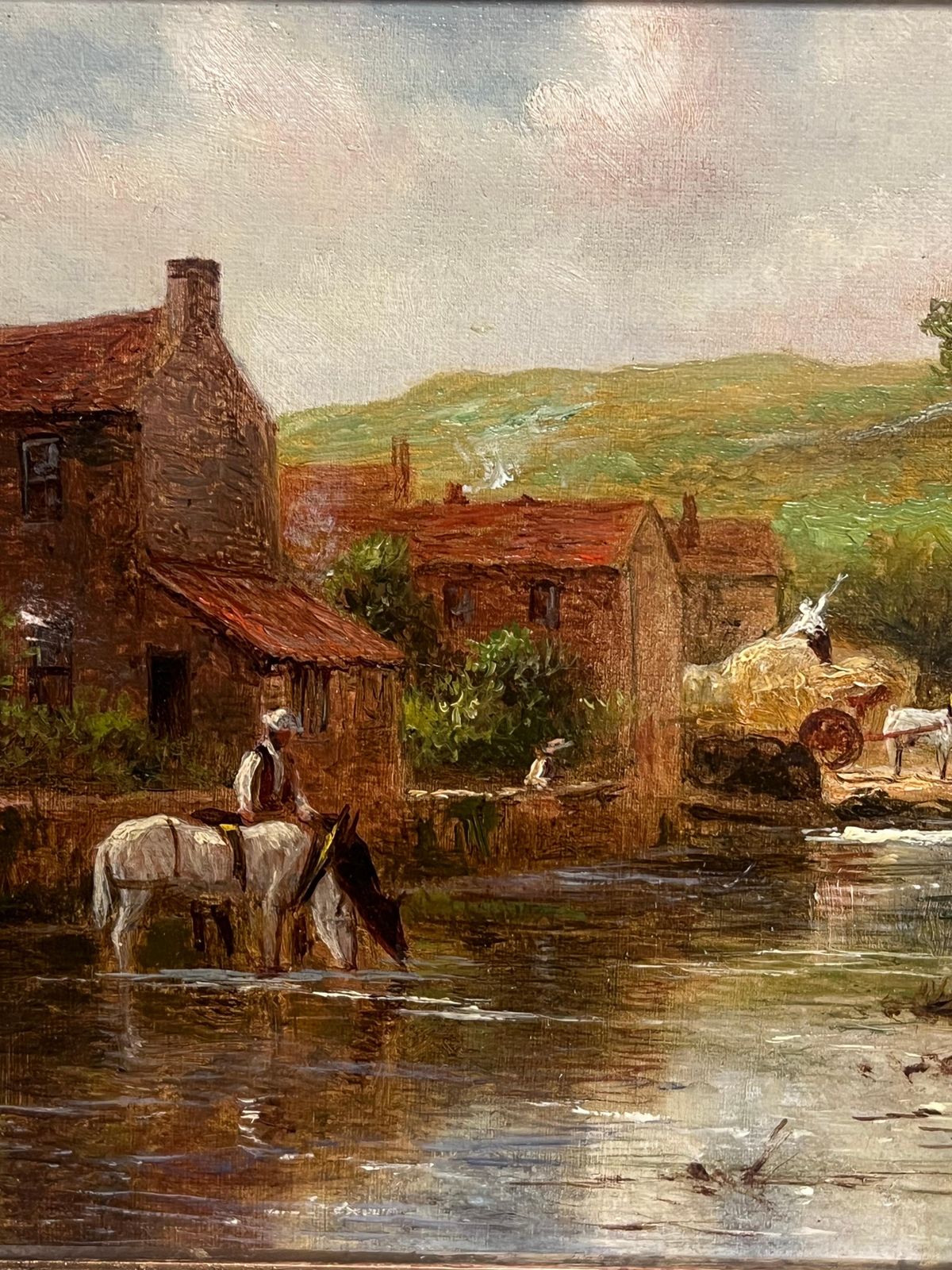 English School (19th Century)antique English Oil Painting Figures Loading The Hay Cart Beside The River photo vinterior