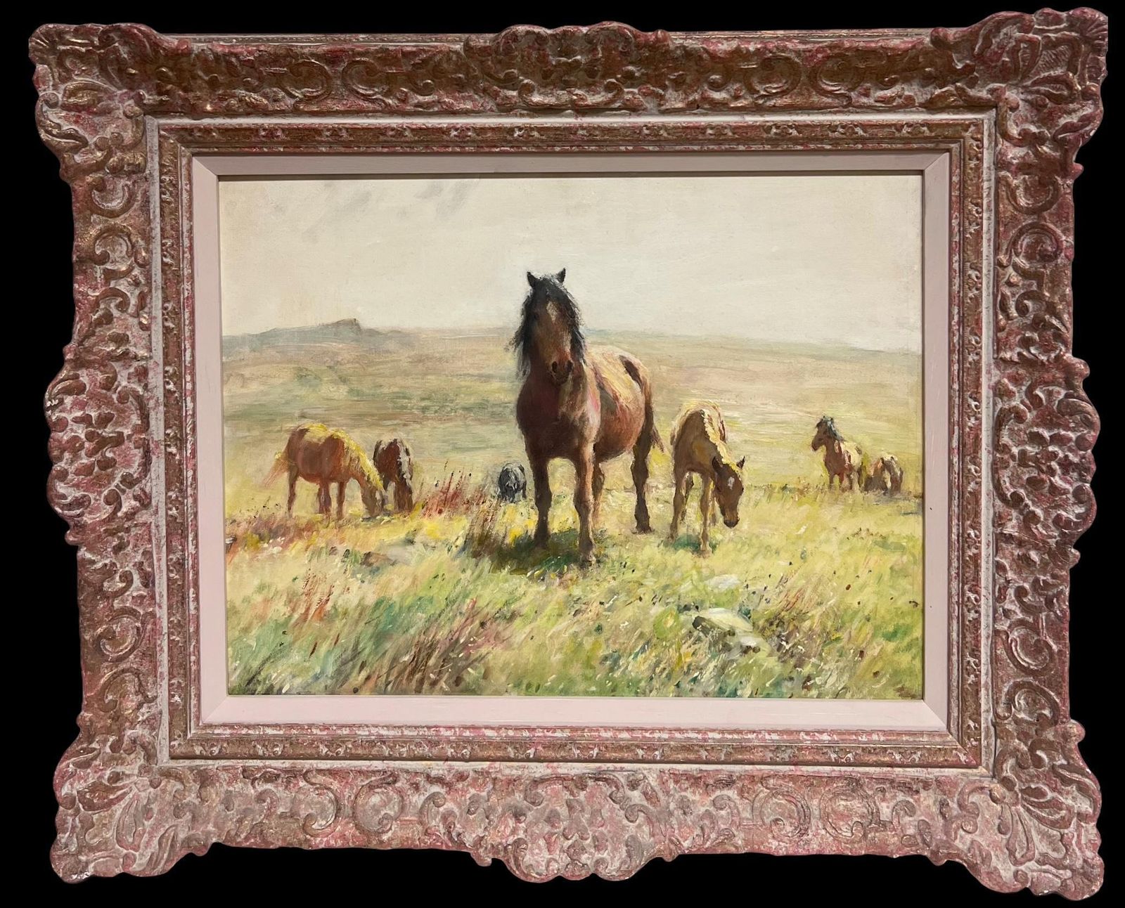 English School Dartmoor Ponies On Moor Landscape Fine English 1950's Impressionist Oil Painting