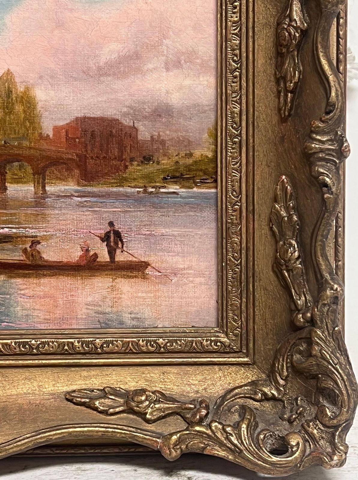 photo furniture English School (19th Century)antique English Oil Painting Elegant Figures By River Ancient Castle Building