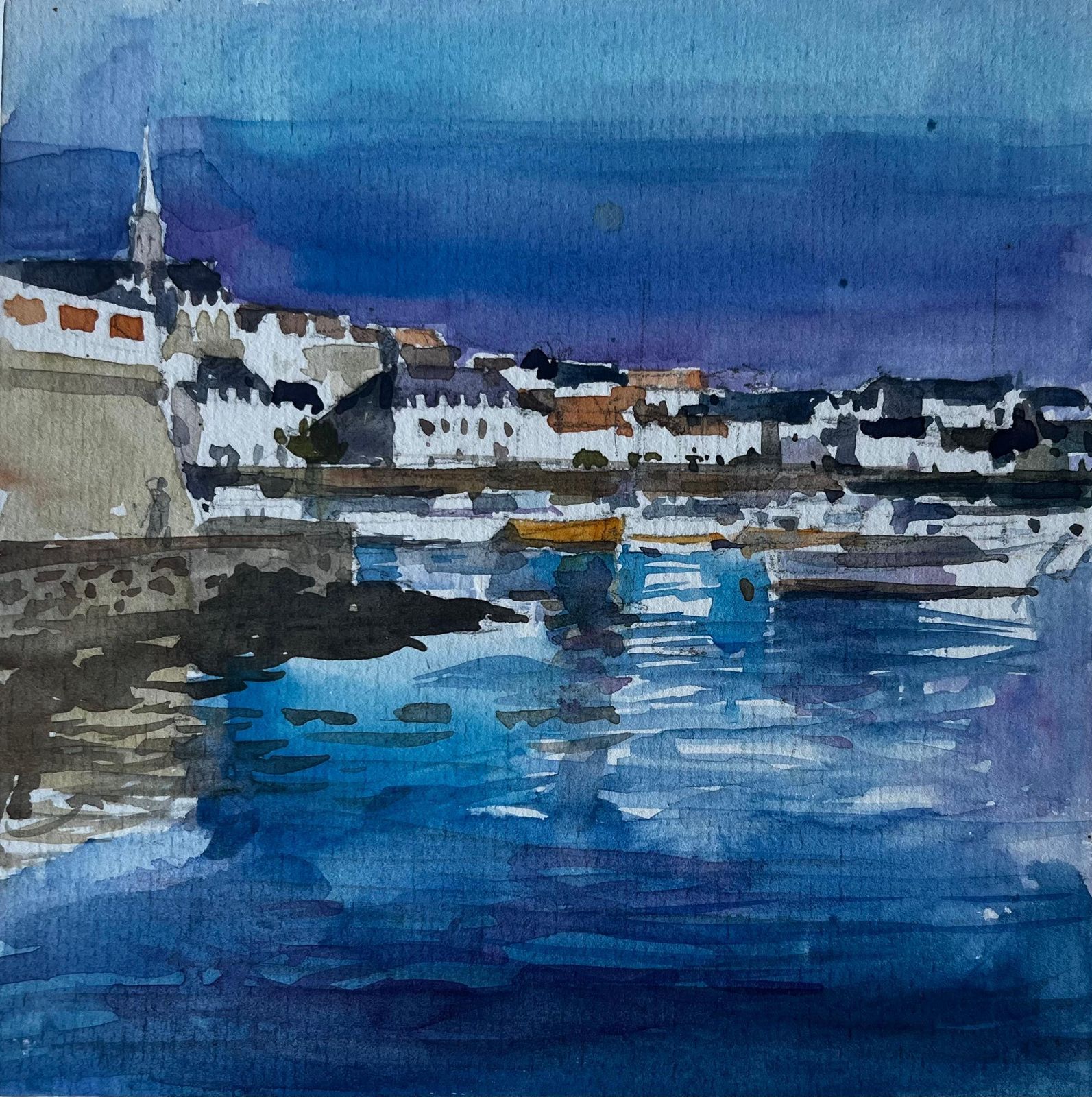 Pierre Neveuevening Harbour Scene Brittany Coast Watercolour Seascape By Pierre Neveu