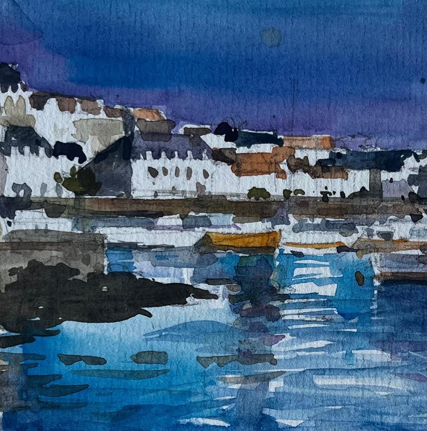 Pierre Neveuevening Harbour Scene Brittany Coast Watercolour Seascape By Pierre Neveu photo buy