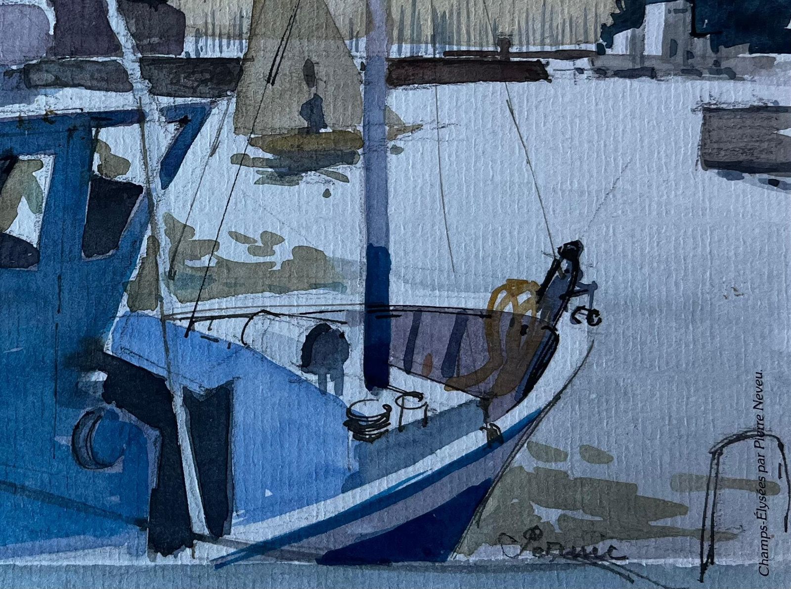 Pierre Neveublue Fishing Boat In Brittany Harbour French Watercolour By Pierre Neveu photo 560.0