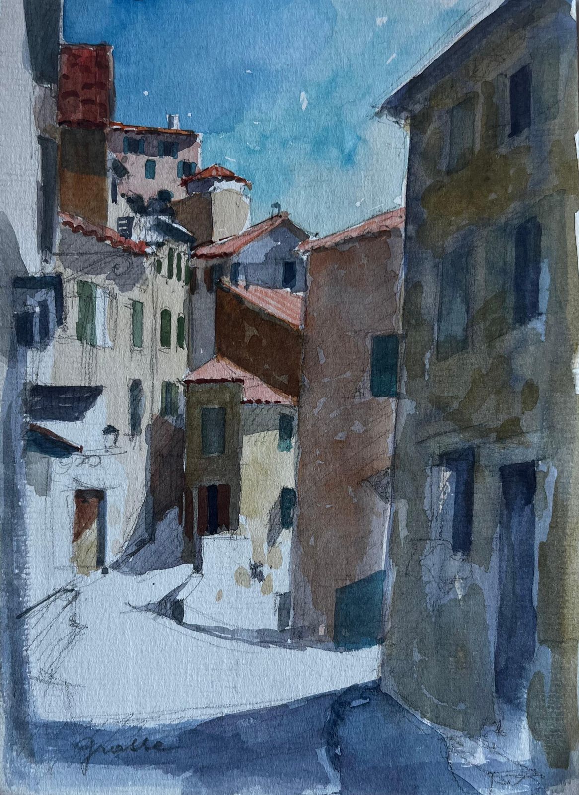 Pierre Neveugrasse Provence Sunlit Village Street Scene Watercolour By Pierre Neveu