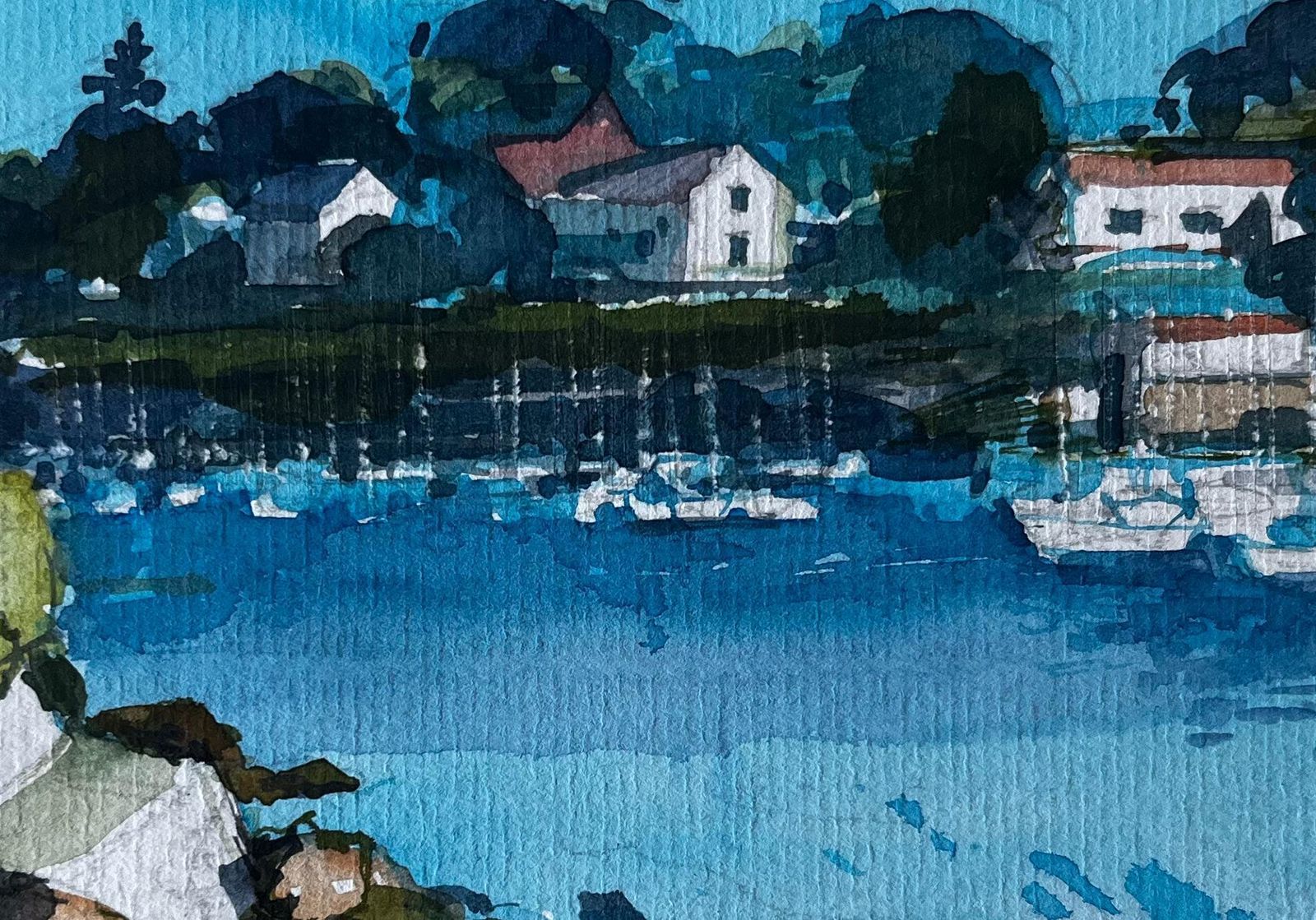 Pierre Neveufrench Harbour With Moored Boats And Clifftop Houses Watercolour By Pierre Neveu photo buy