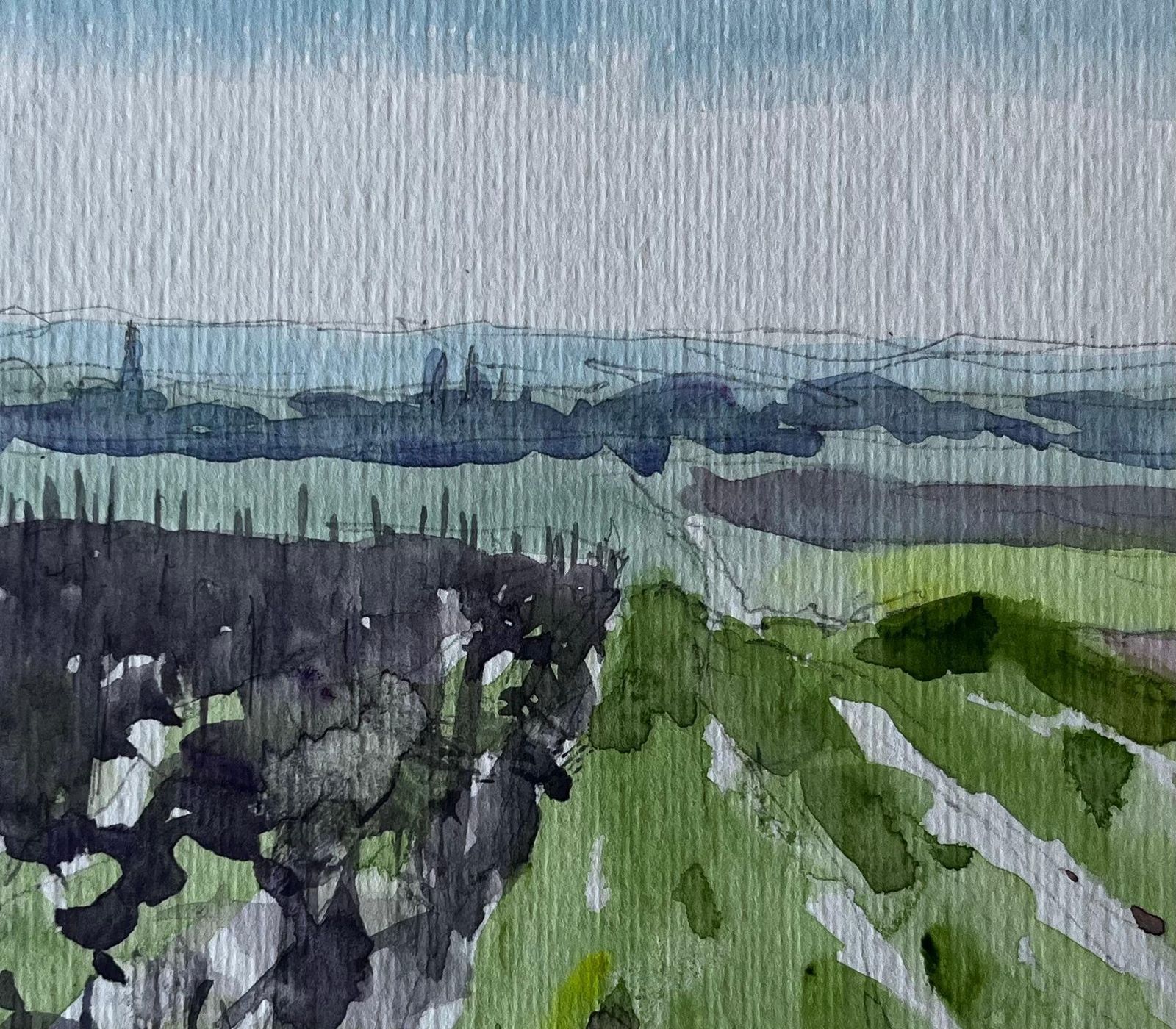 Pierre Neveuexpansive French Countryside With Distant Horizon Watercolour By Pierre Neveu photo buy
