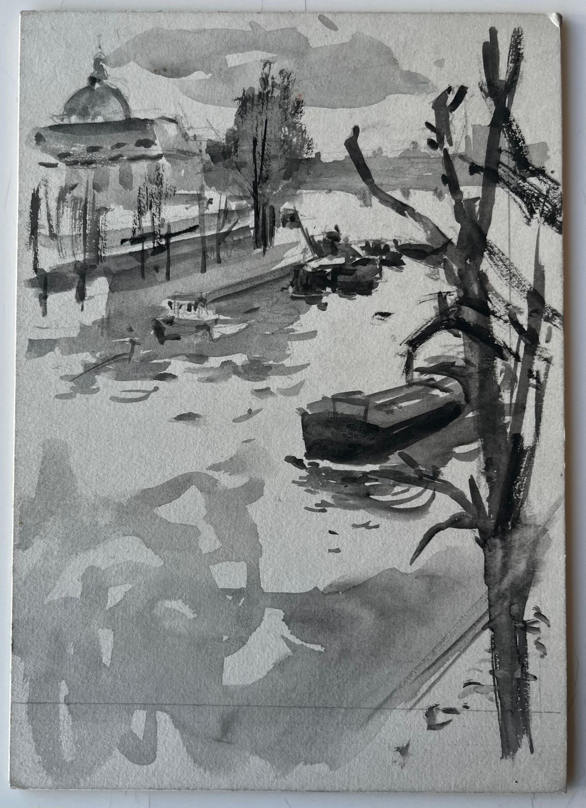 Pierre Neveuriverside Boats And Dome French Ink Wash Watercolour By Pierre Neveu photo furniture