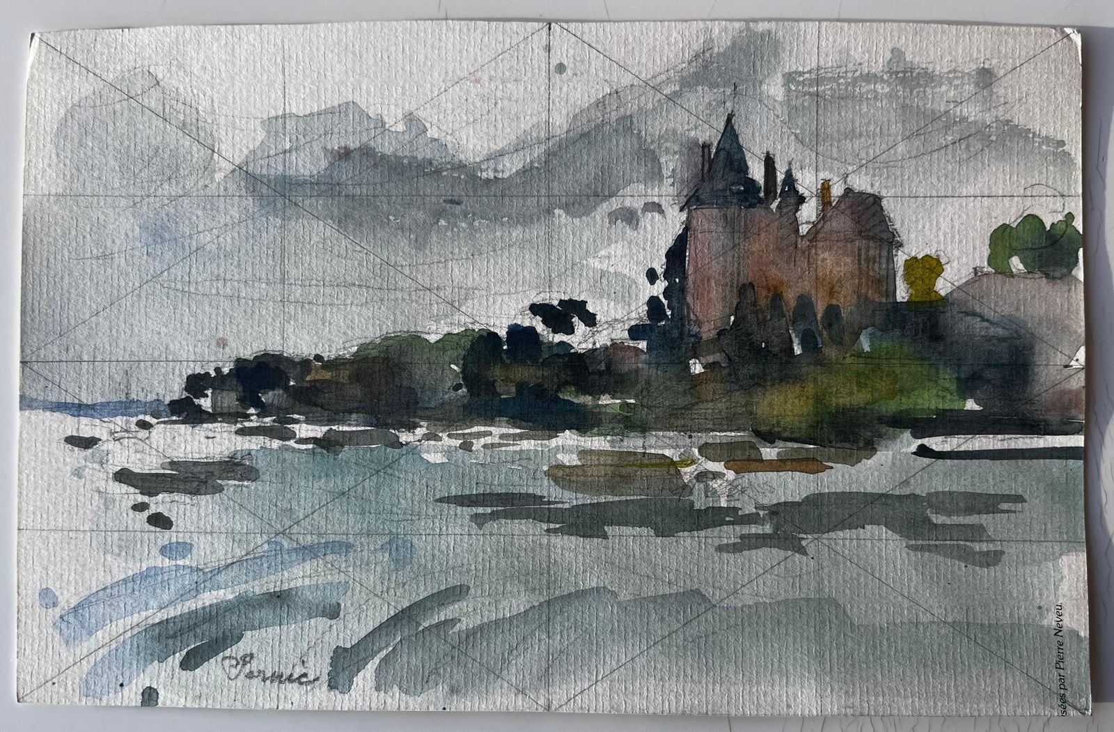 Pierre Neveufrench Château By The Water Atmospheric Study Watercolour By Pierre Neveu photo furniture