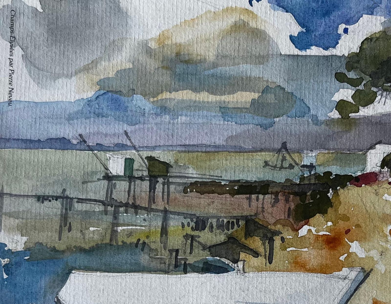 Pierre Neveumindin Estuary Scene With Boat And Carrelets French Coastal Watercolour photo vinterior